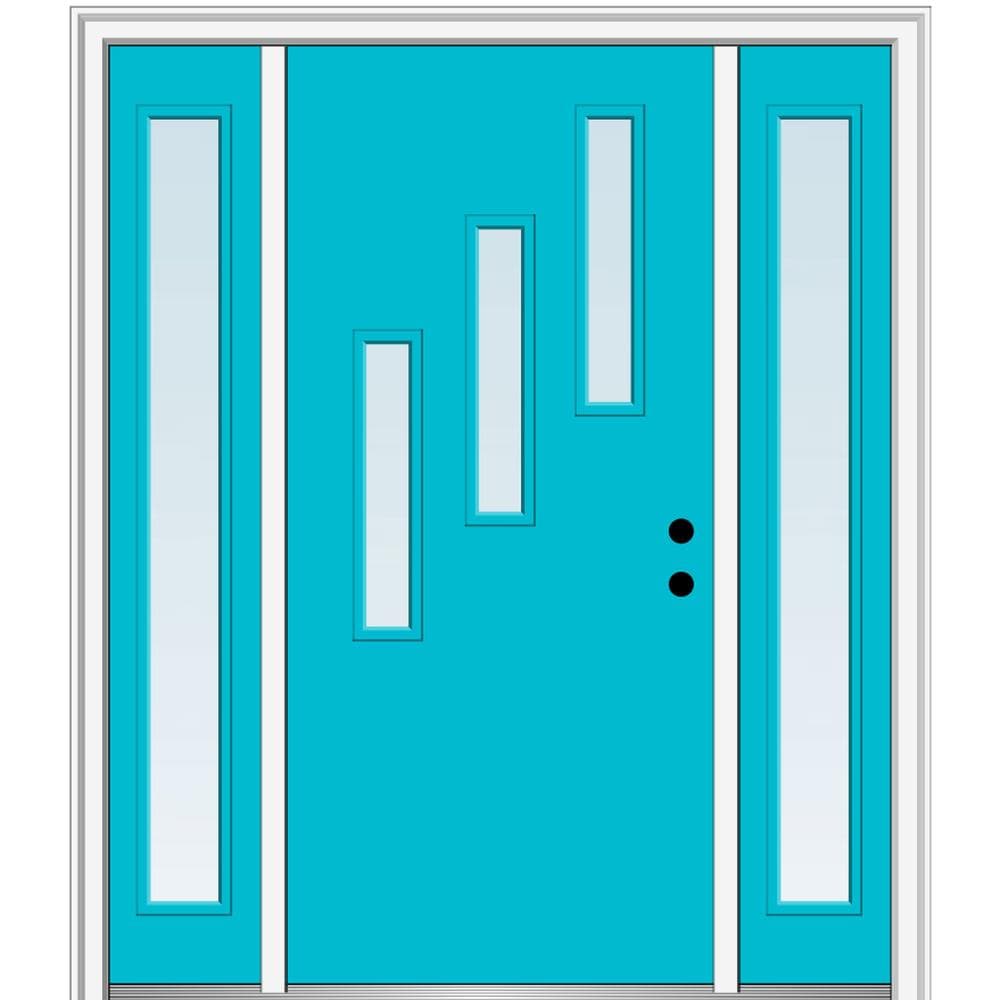 MMI DOOR ZZ349422L Spotlights 60-in x 80-in x 6-9/16-in Fiberglass Pulse lite Left-hand inswing Bahama Blue Painted Prehung Front Door with Sidelights with Brickmould Insulating core