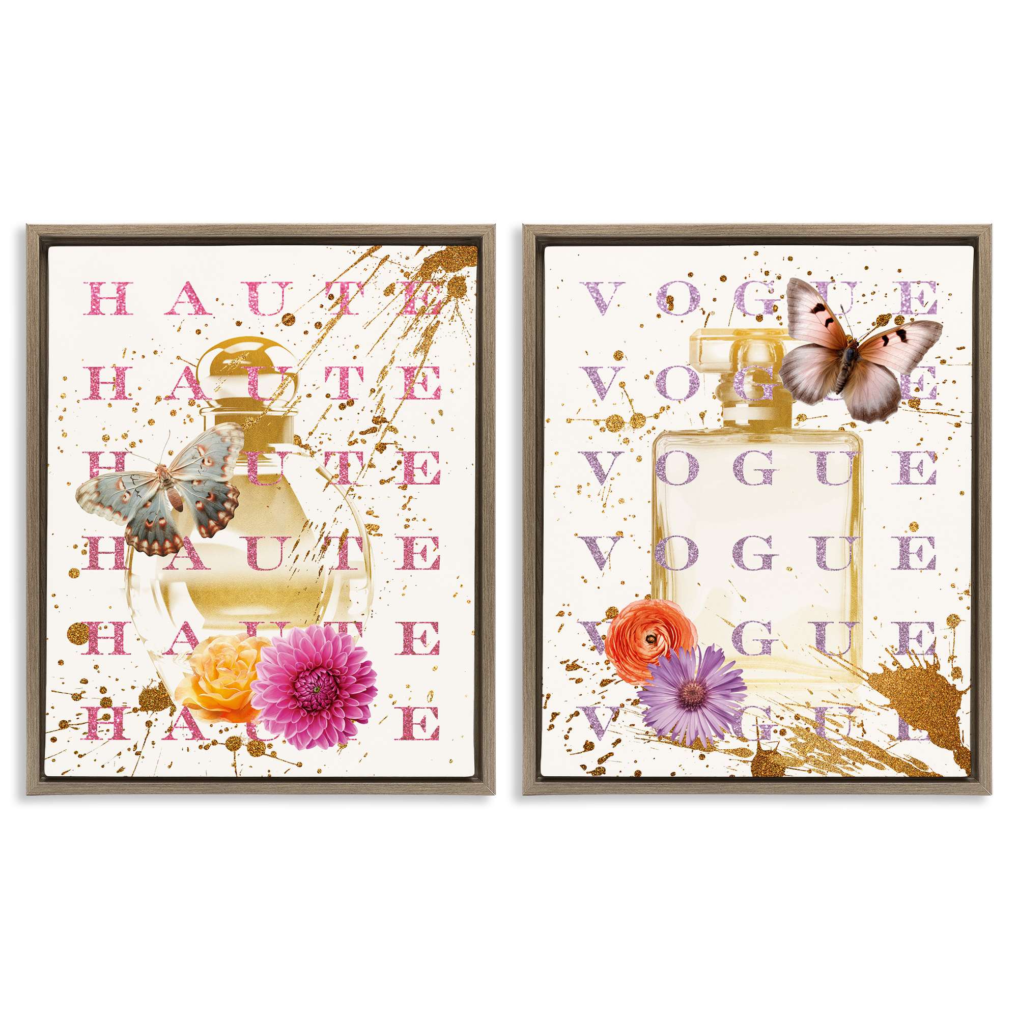Stupell Industries B2-737-FFE-2PC-24X30 Glam Perfumes with Butterflies 2 Piece Brown Framed Floater Canvas Set By Susan Arnot 31 x 25