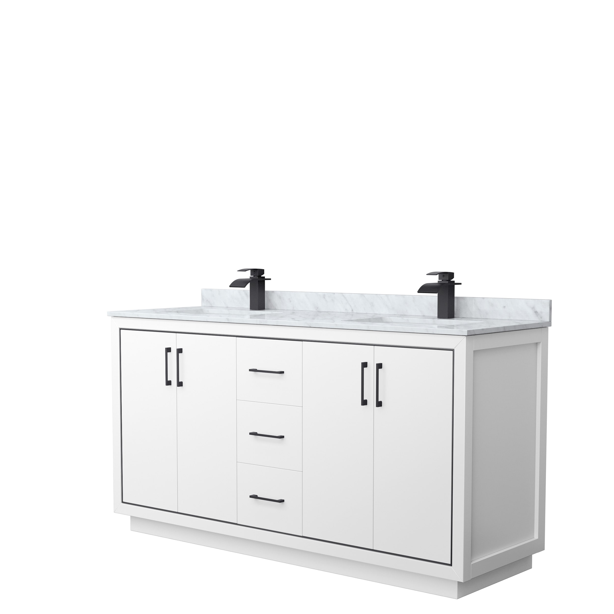 Wyndham Collection WCF111166DWBCMUNSMXX Icon 66-in White with Matte Black Trim Undermount Double Sink Bathroom Vanity with White Carrara Marble Natural Marble Top