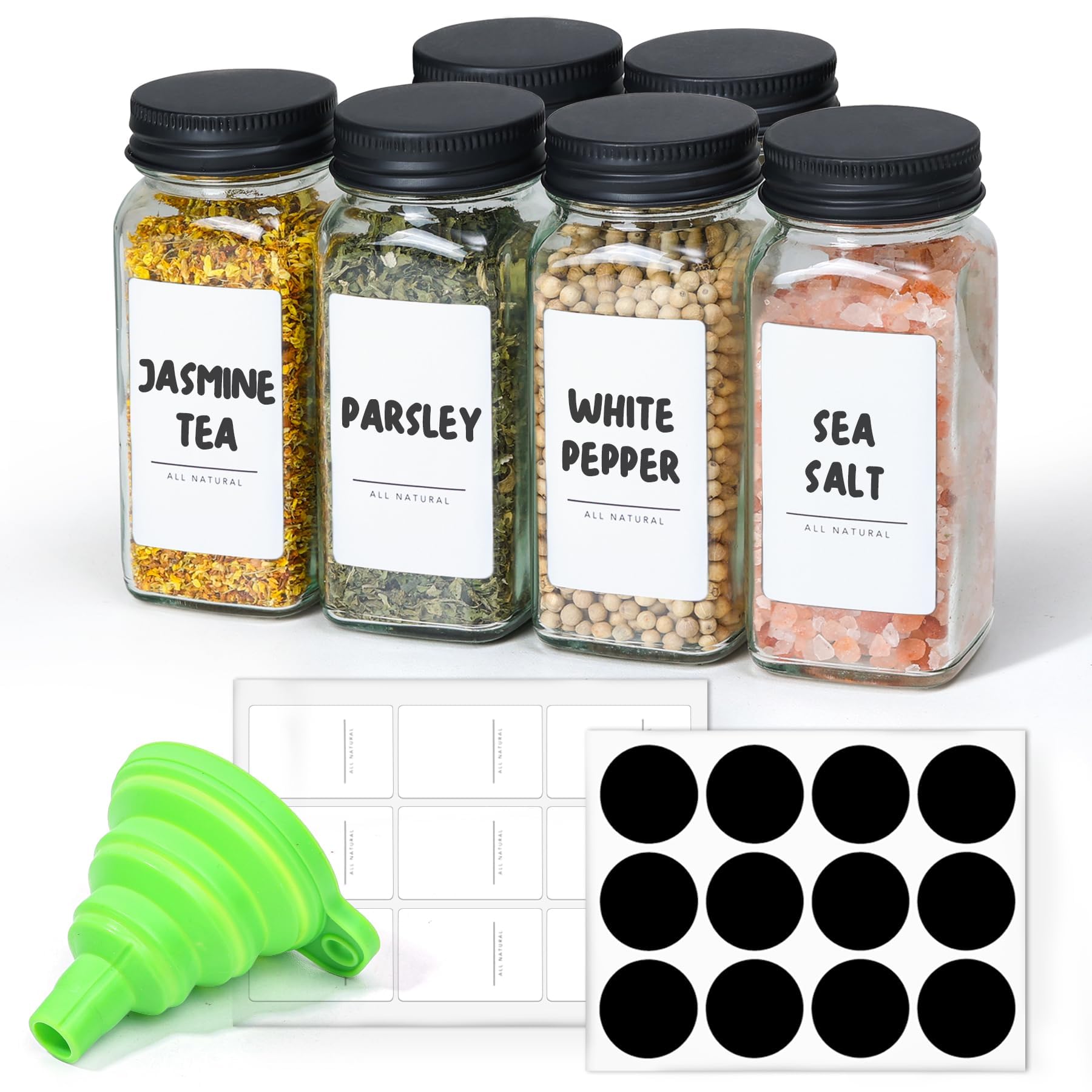 JVFCXXV  6 pcs 4 oz glass spice jars Set with shaker lids 21 labels square bottles for kitchen seasoning storage space saving trial supplement kit