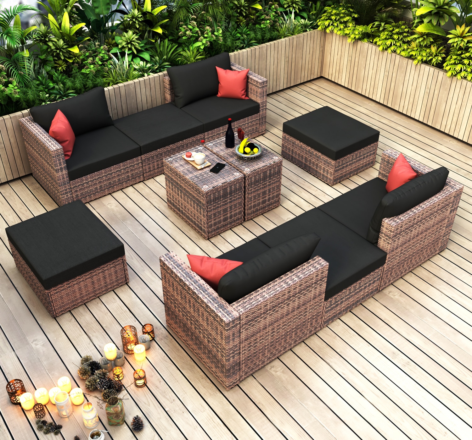 Forclover R4FW-038BK 10 -Piece Wicker 2 Patio Sofa Conversation Set with Black Cushions
