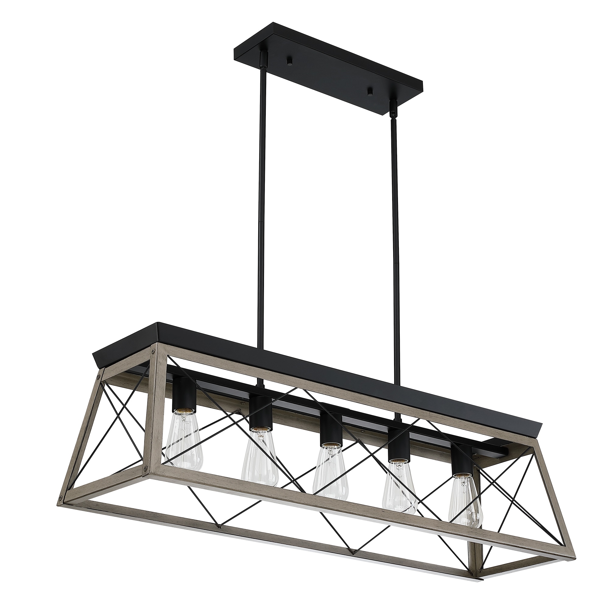 Forclover ALTCH-1592J TC-5-Light Kitchen Island Linear Pendant 5 -Light Matte Black and Wood Industrial Linear Medium Hanging Kitchen island light