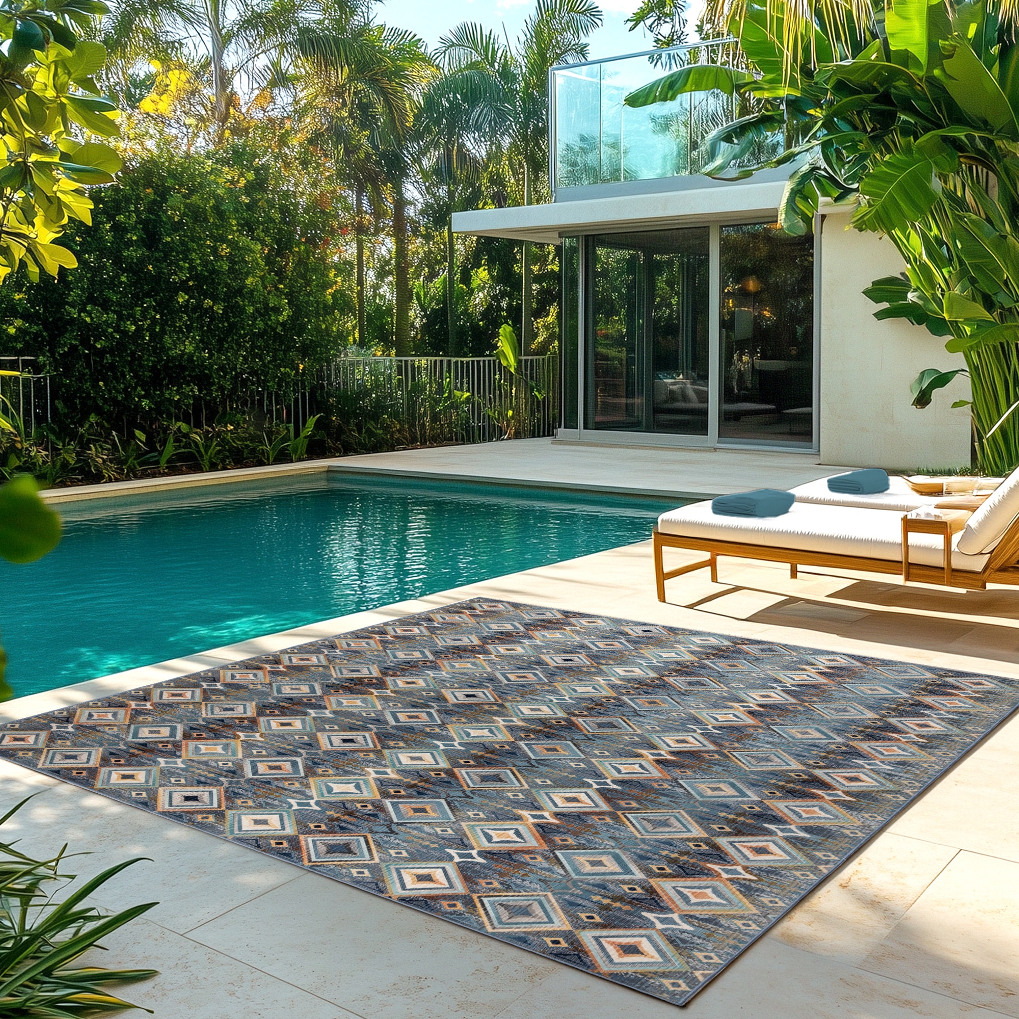 GERTMENIAN 23035 Sierra Kenna 5 x 7 (ft) Polypropylene Kenna Blue Rectangular Indoor/Outdoor Geometric Global Area rug
