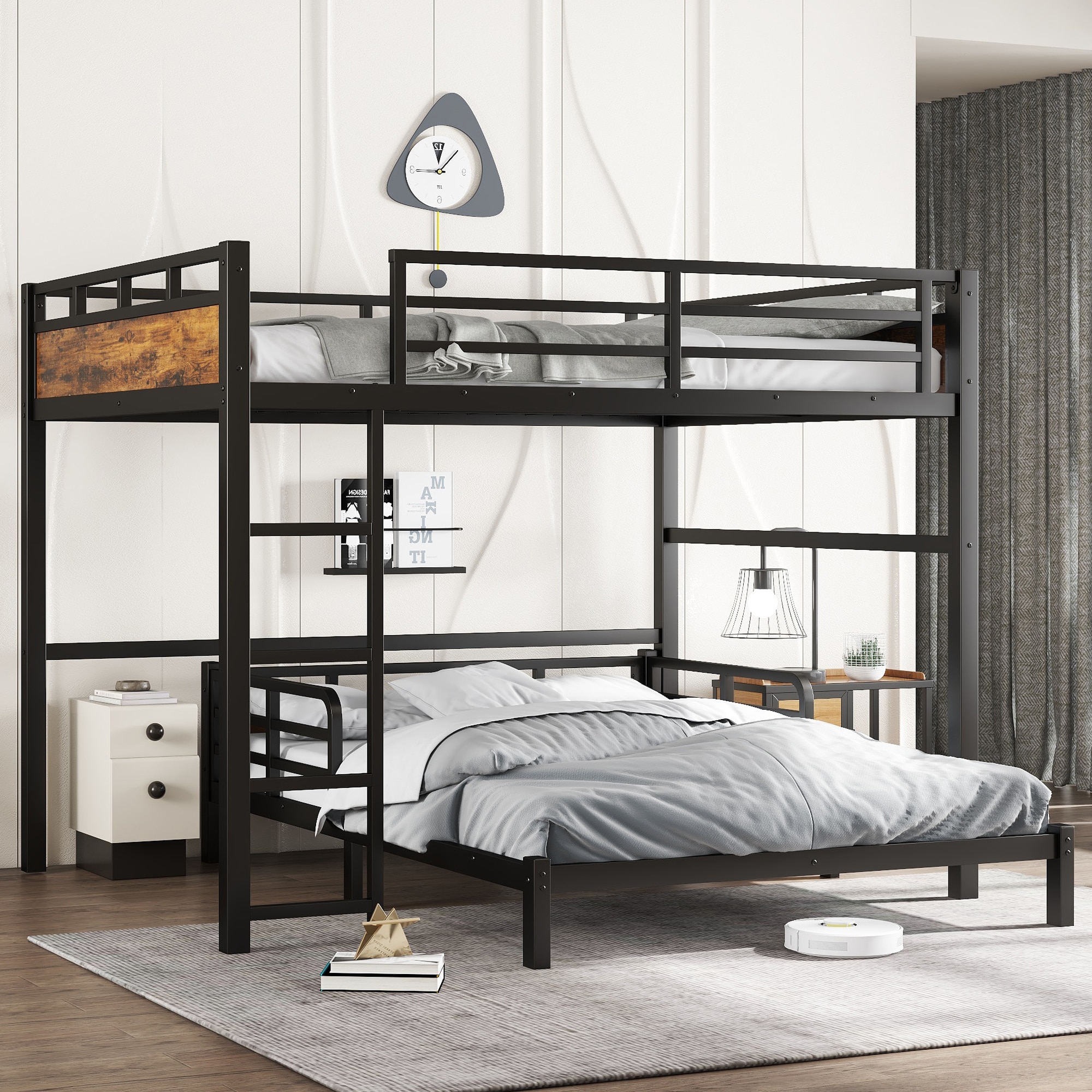 Loebelle Queen Over Queen Bunk Bed with Headboard and Full Length Guardrail Heavy Duty Metal Bunk Beds Can Turns Into Loft Bed and Platform Bed Vintage Black