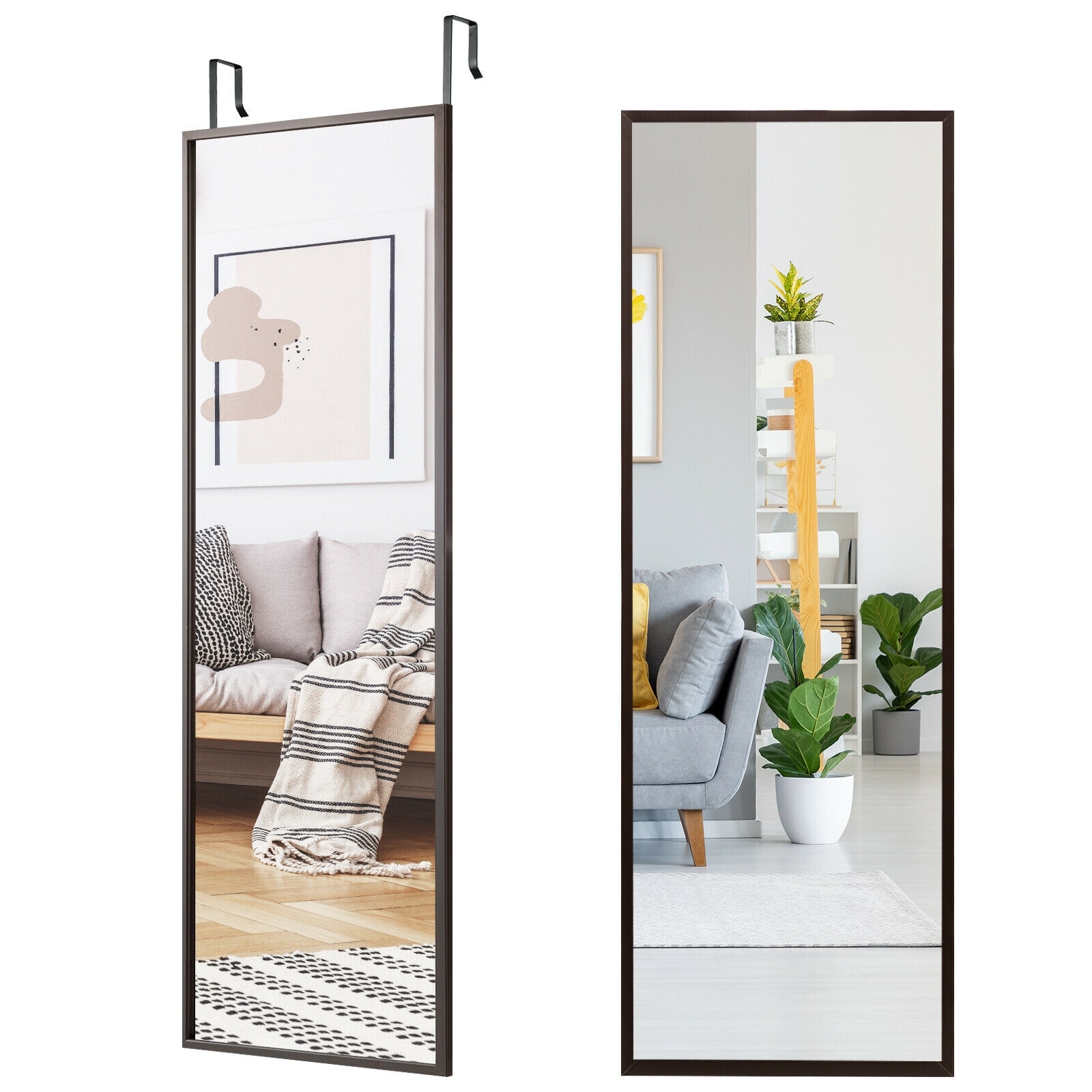 SUGIFT Full Length Metal Door Mirror with Adjustable Hooks - 42.5-in Wall Mount or Door Hanging Shatter-Proof Mirror Coffee