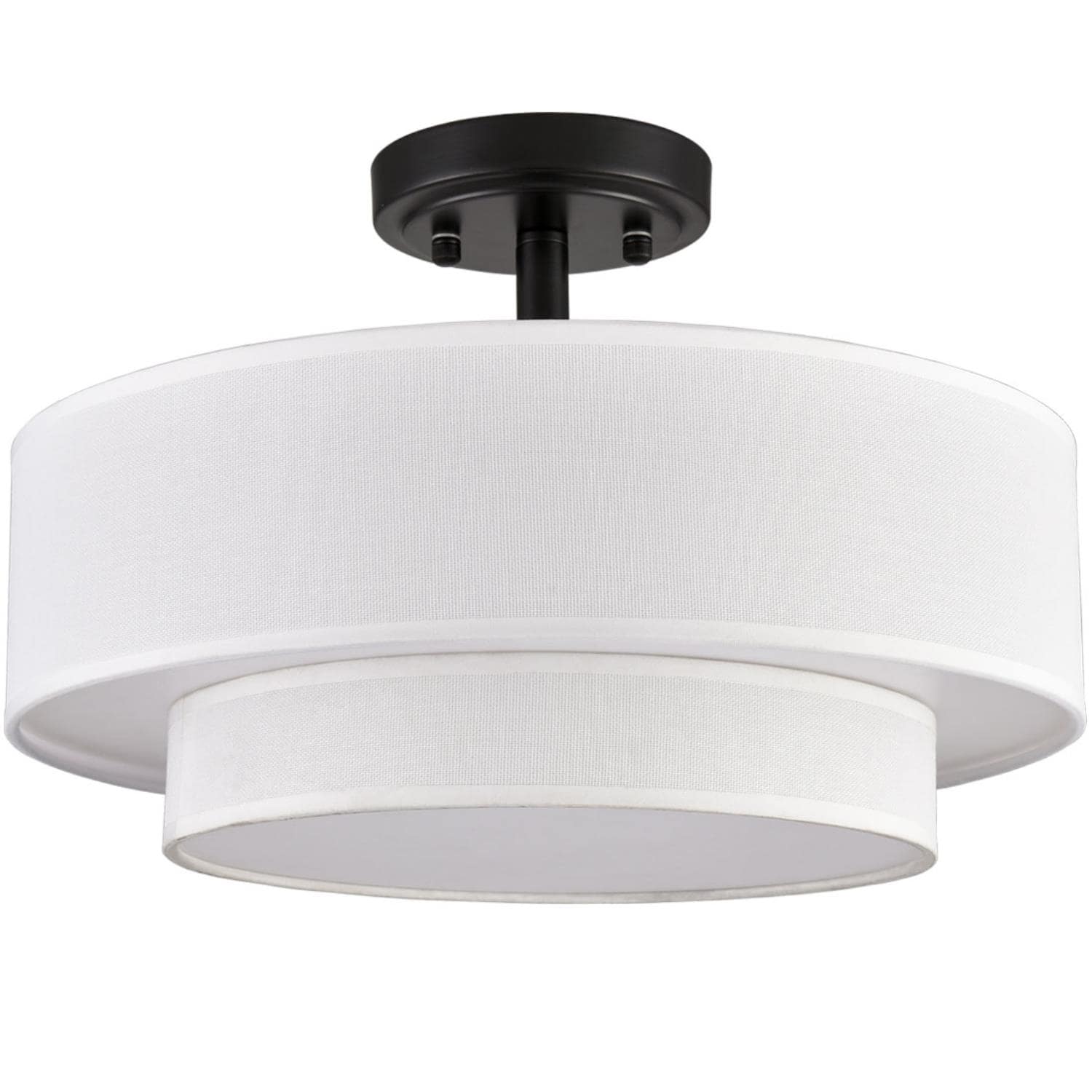 Polished Black Dual-Layer Drum Fabric Shade Semi Flush Mount Light