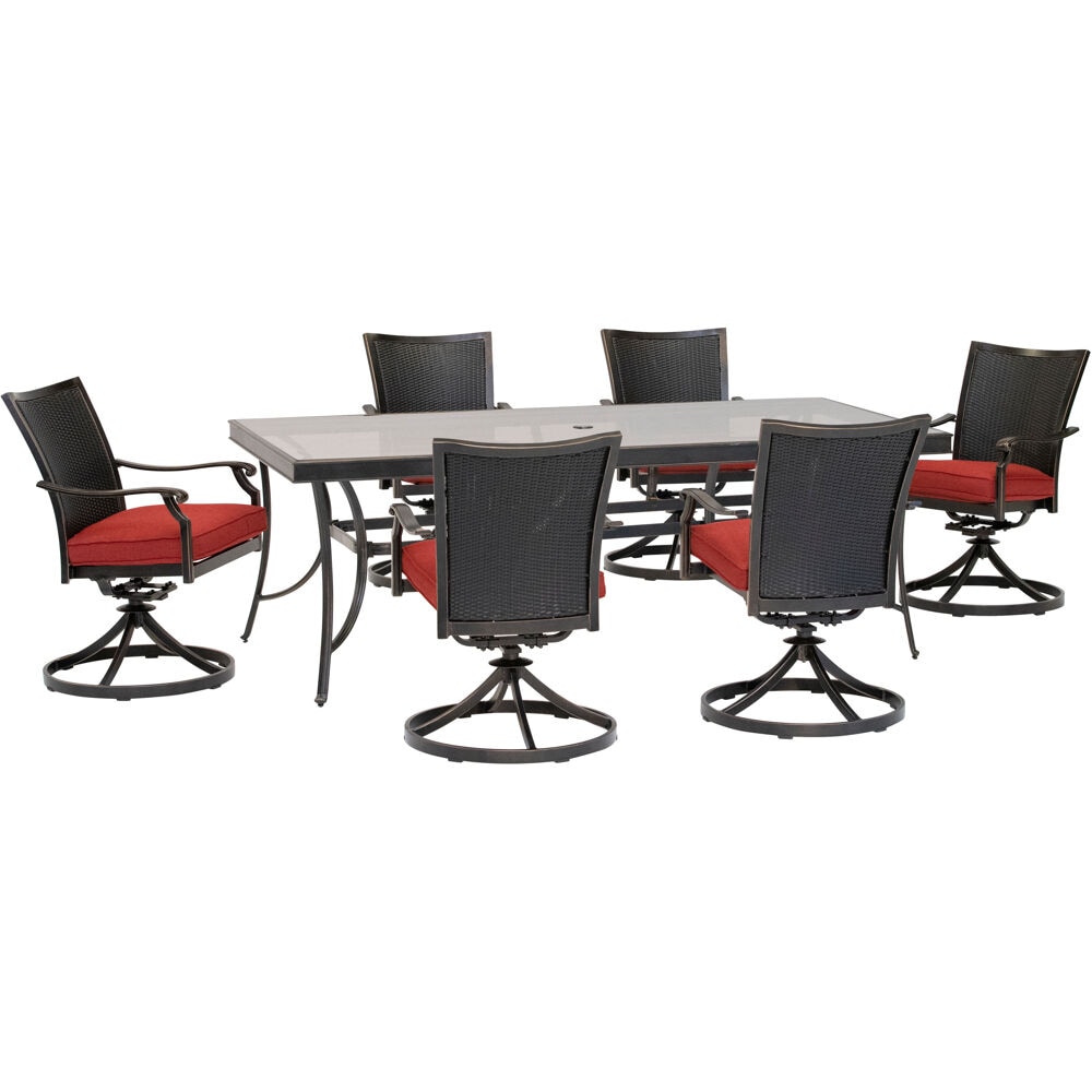 Hanover TRADDNWB7PCSWG-RED Traditions 7-Piece Bronze Patio Dining Set Aluminum Rectangle Table with 6 Red Cushions Swivel Rocker Chairs
