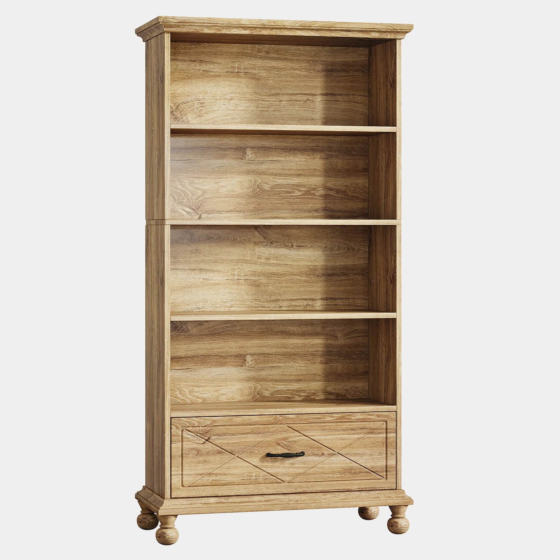 Slickblue - Engineered Wood and Solid Wood Legs 5-Shelf Bookcase with Drawer for Living Room or H...