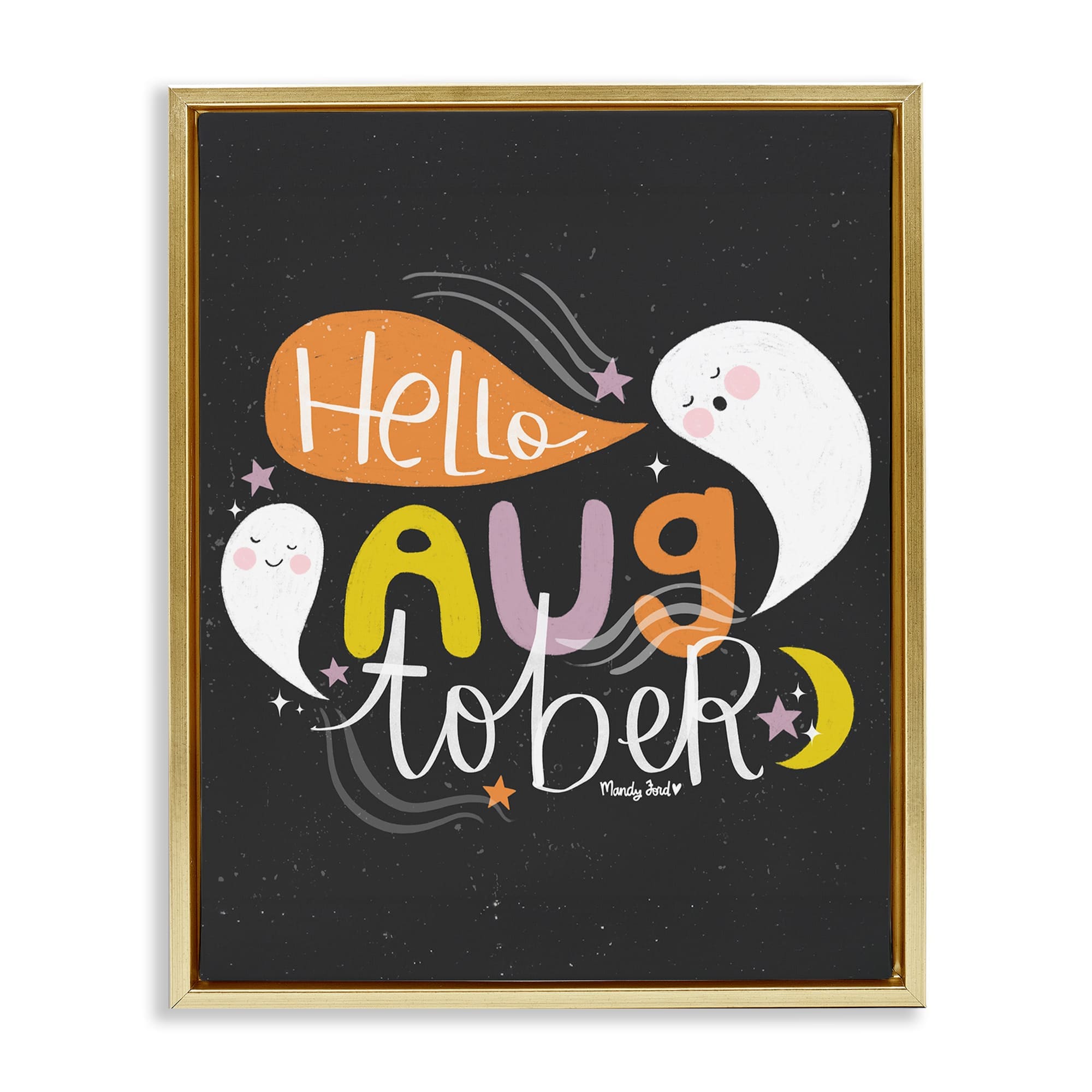 Stupell Industries BS-294-FFG-24X30 Hello Augtober with Ghosts Gold Framed Floater Canvas Wall Art By Mandy Ford Art + Illustration 25 x 31