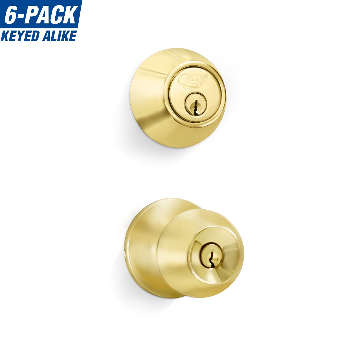 Premier Lock ED02-6 Brass Traditional Exterior Single-cylinder deadbolt Keyed entry door knob Multi-pack 6 -Pack