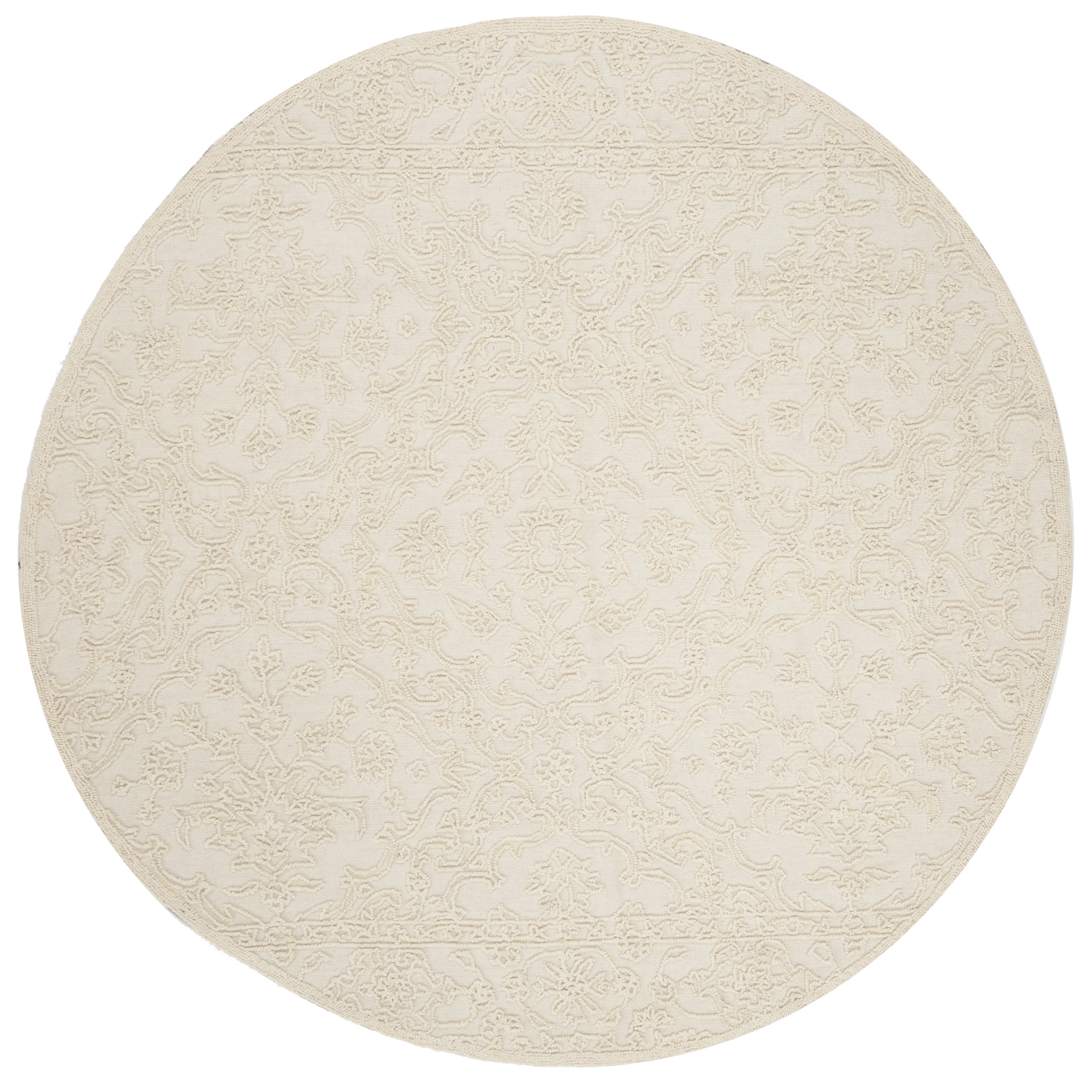 Ivory Floral Handmade Wool Round Area Rug, 6' Diameter