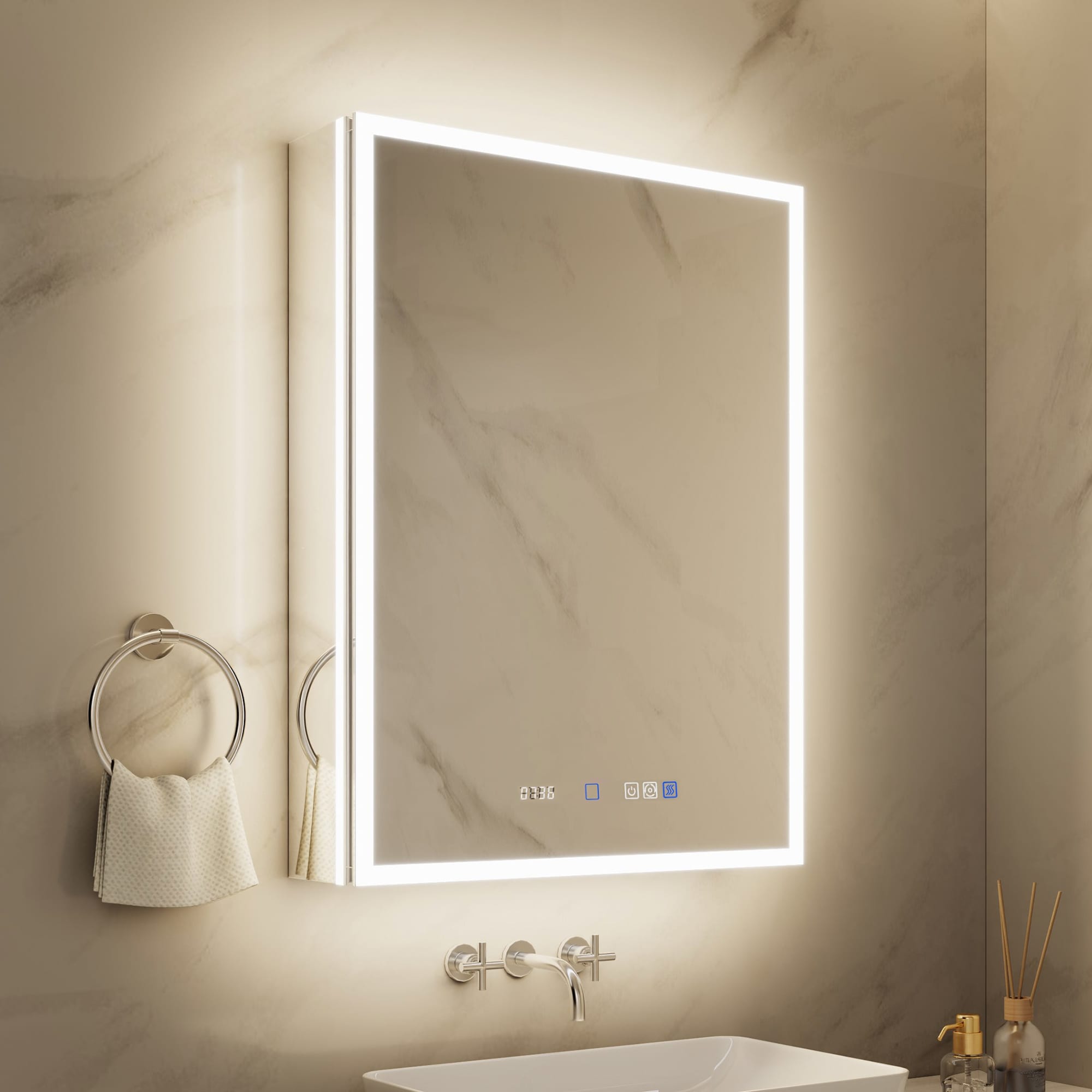 ExBrite 24-in x 32-in Lighted LED Fog Free Surface/Recessed Mount Silver Mirrored Soft Close Medicine Cabinet with Outlet