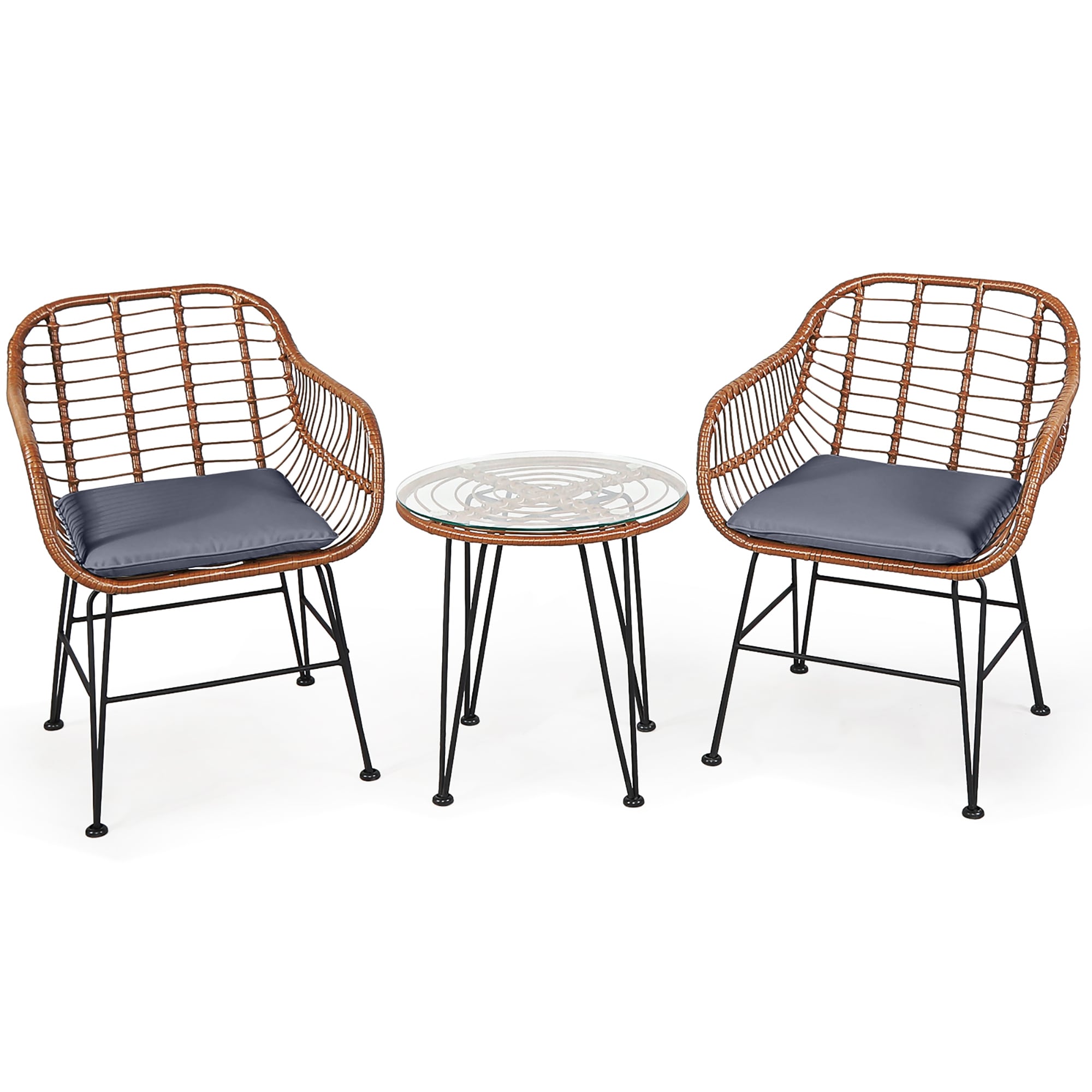 Costway OP70837GR 3 -Piece Rattan Patio Conversation Set with Gray Cushions