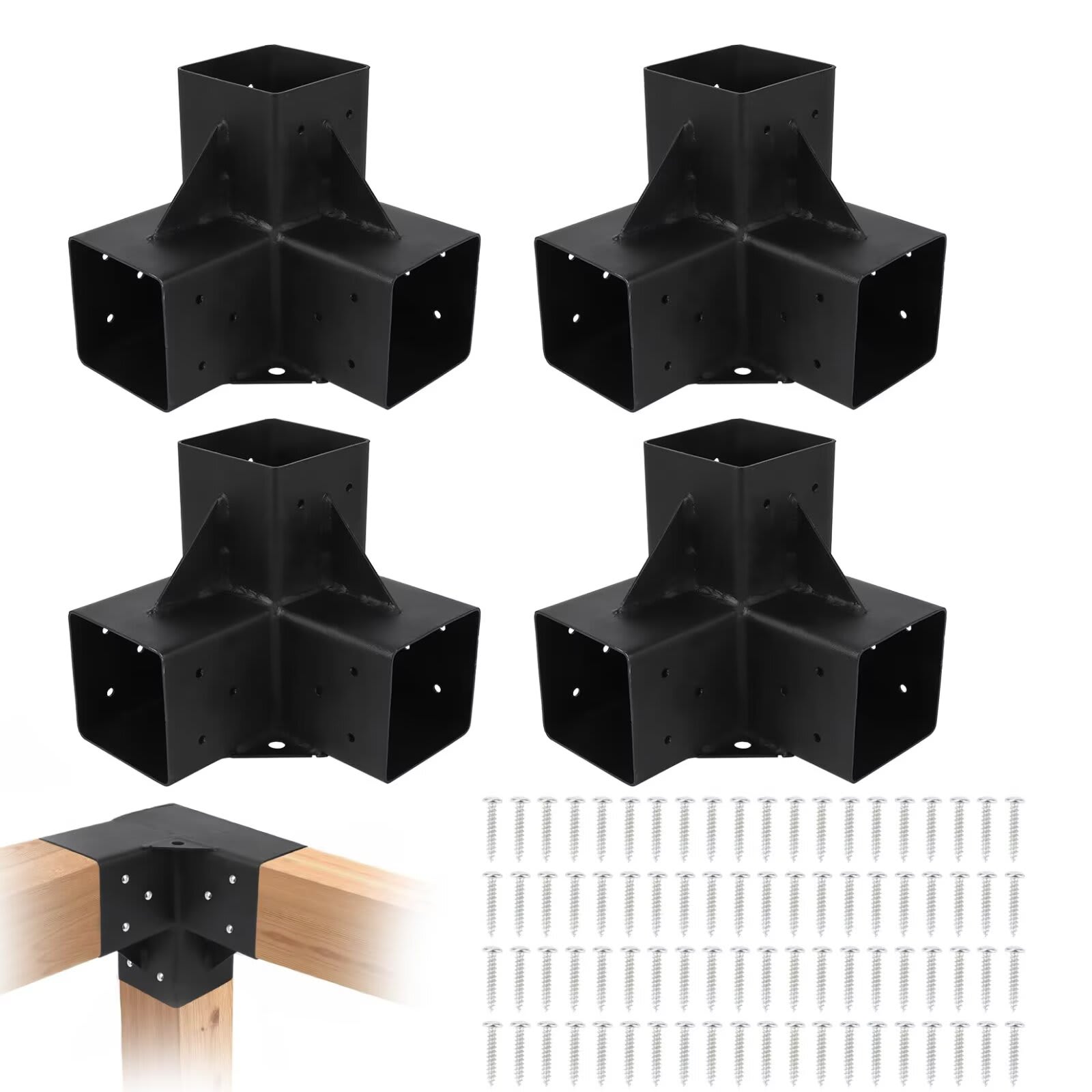 Qeetex JXNAG-PHO-1153M9TV 6x6 3-Way Pergola Brackets Kit 4 Pack Heavy Duty Corner Bracket Easy Installation Wooden Beams for Gazebos Patio Pergolas Log Cabin Outdoor Pergola Hardware