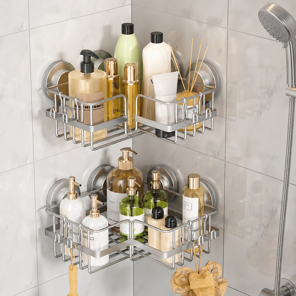 Yichuhaoxi  2 pack corner suction cup shower caddy stainless steel rustproof adjustable shelves large capacity removable organizer drill free