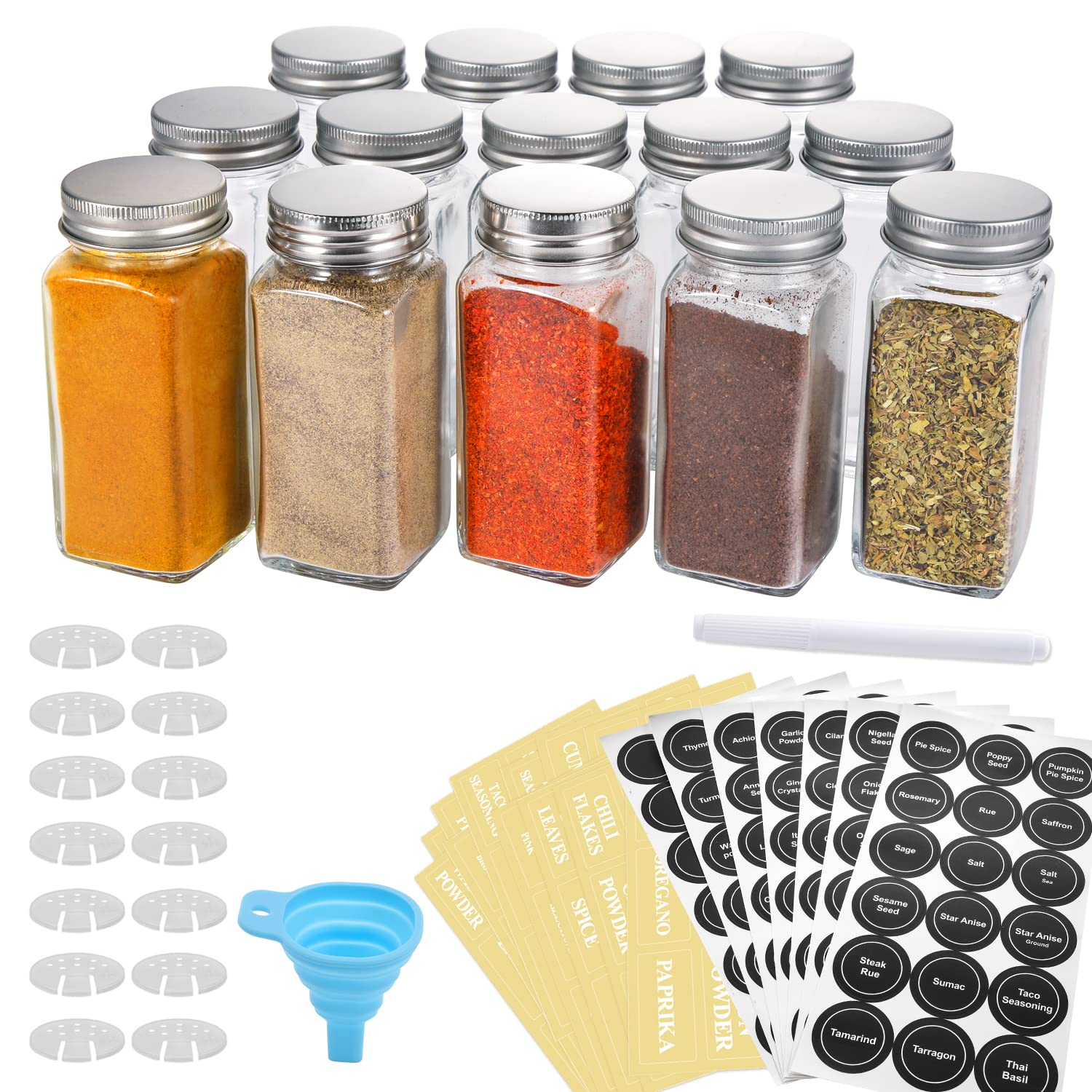 JVFCXXV  14 pcs Glass Spice Jars Set Square 4oz Empty Bottles with Shaker Lids Airtight Metal Caps Spice Labels Chalk Marker and Silicone Funnel