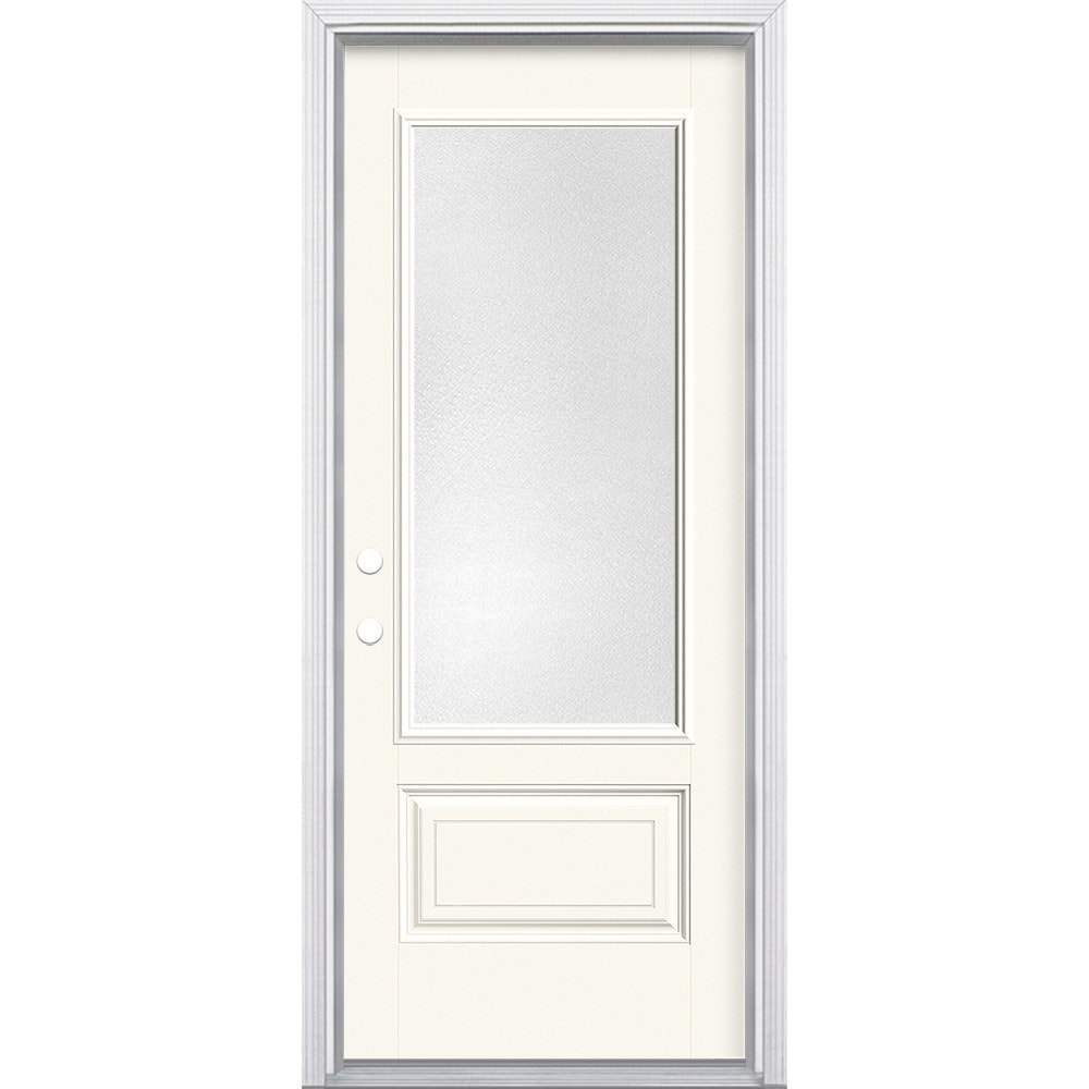 Masonite 628820 32-in x 80-in x 4-9/16-in Fiberglass 3/4 lite Right-hand inswing Modern White Painted Prehung Front Door with Brickmould Insulating core