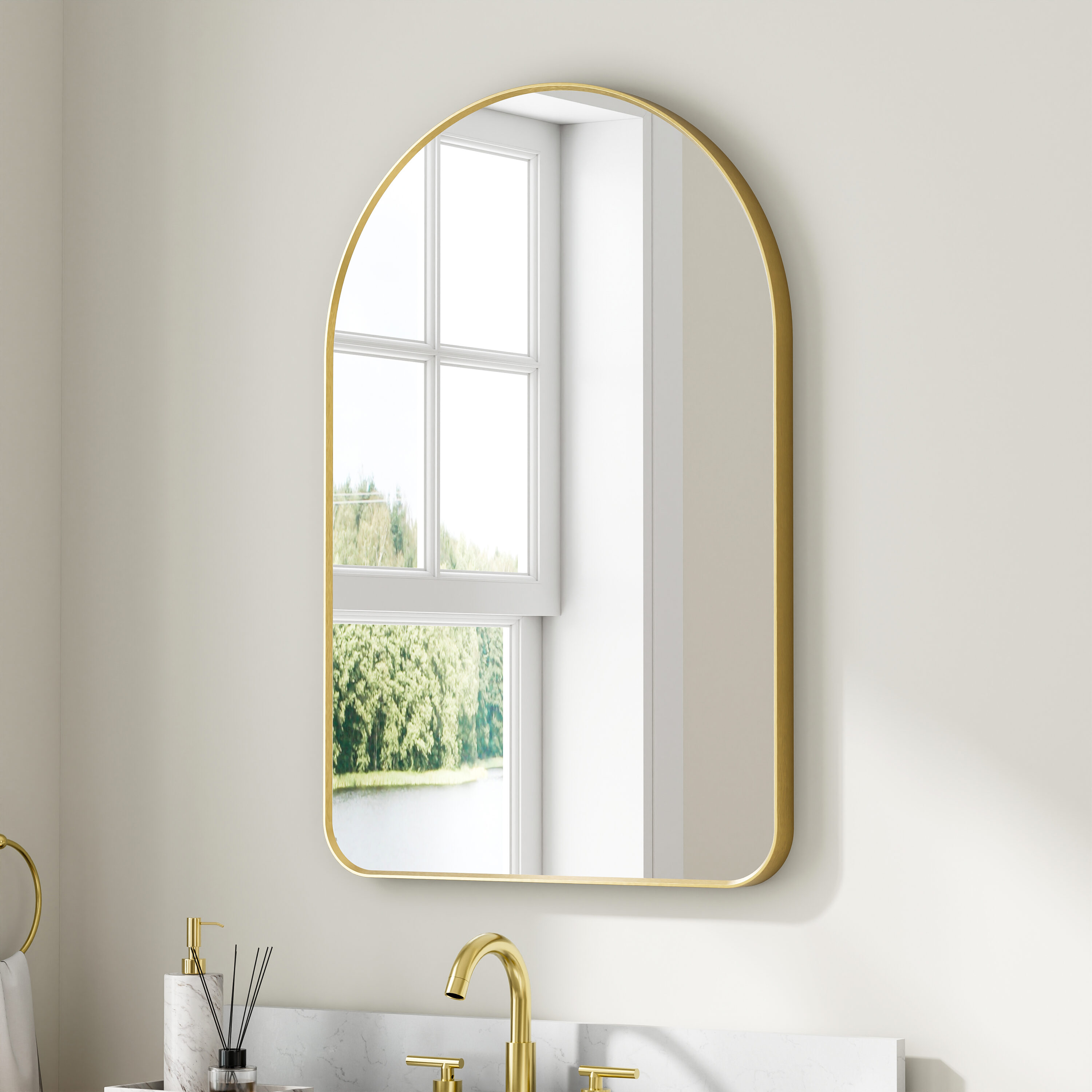 Poinic QZCFM4-2436G QM4 Bathroom Mirror 24-in W x 36-in H Arch Brushed Gold Framed Vanity Mirror
