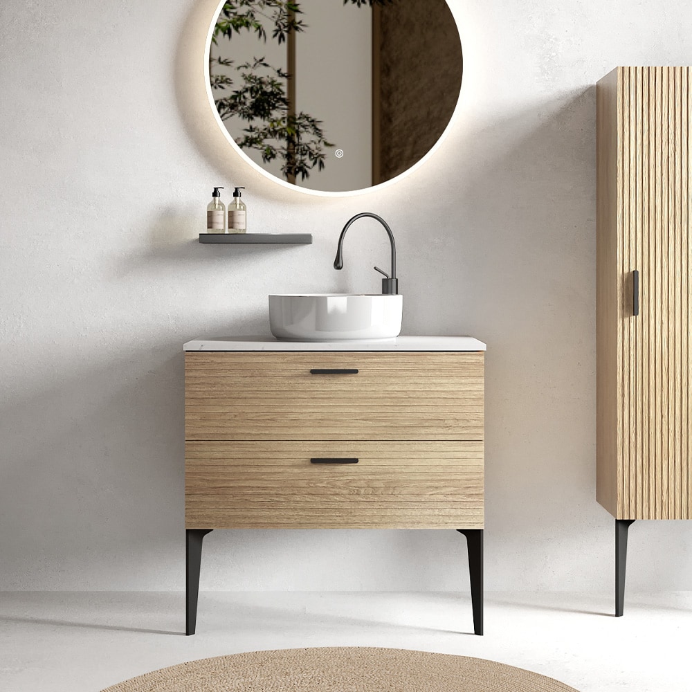 Tatayosi 30inch Striped Natural Oak Bathroom Vanity with Ceramic Sink Freestanding Vanity for Modern Bathroom
