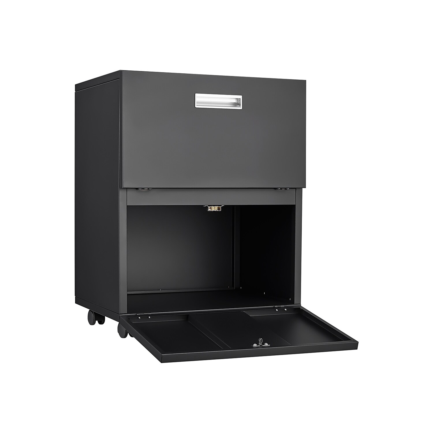Open bottom drawer of black two-drawer cabinet showing interior storage
