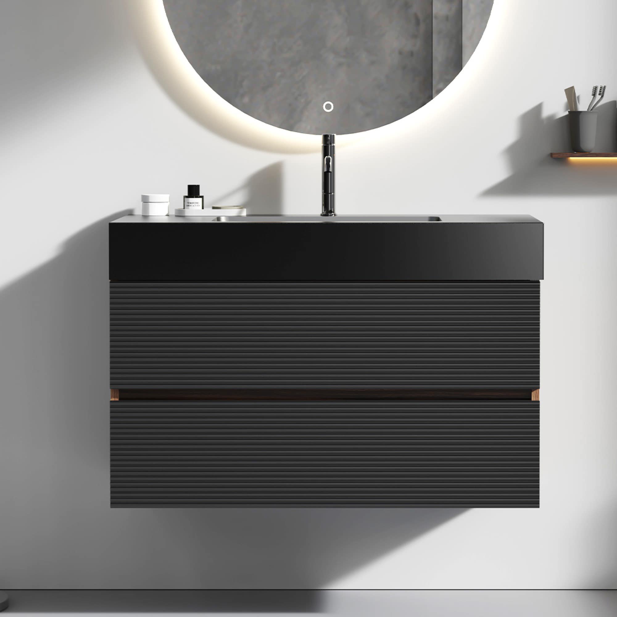 Roomfitters  36-Inch Walnut Floating Bathroom Vanity Frame with Matte Black Quartz Basin