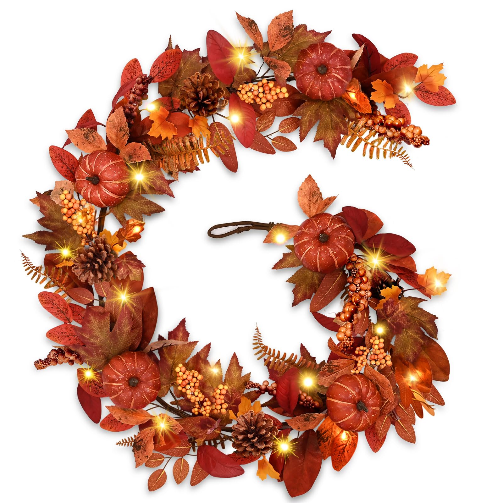 Afoxsos  Fall Garland 6 FT with Lights Artificial Autumn Leaves Pumpkin Vine for Mantel Table Centerpiece Thanksgiving Decoration