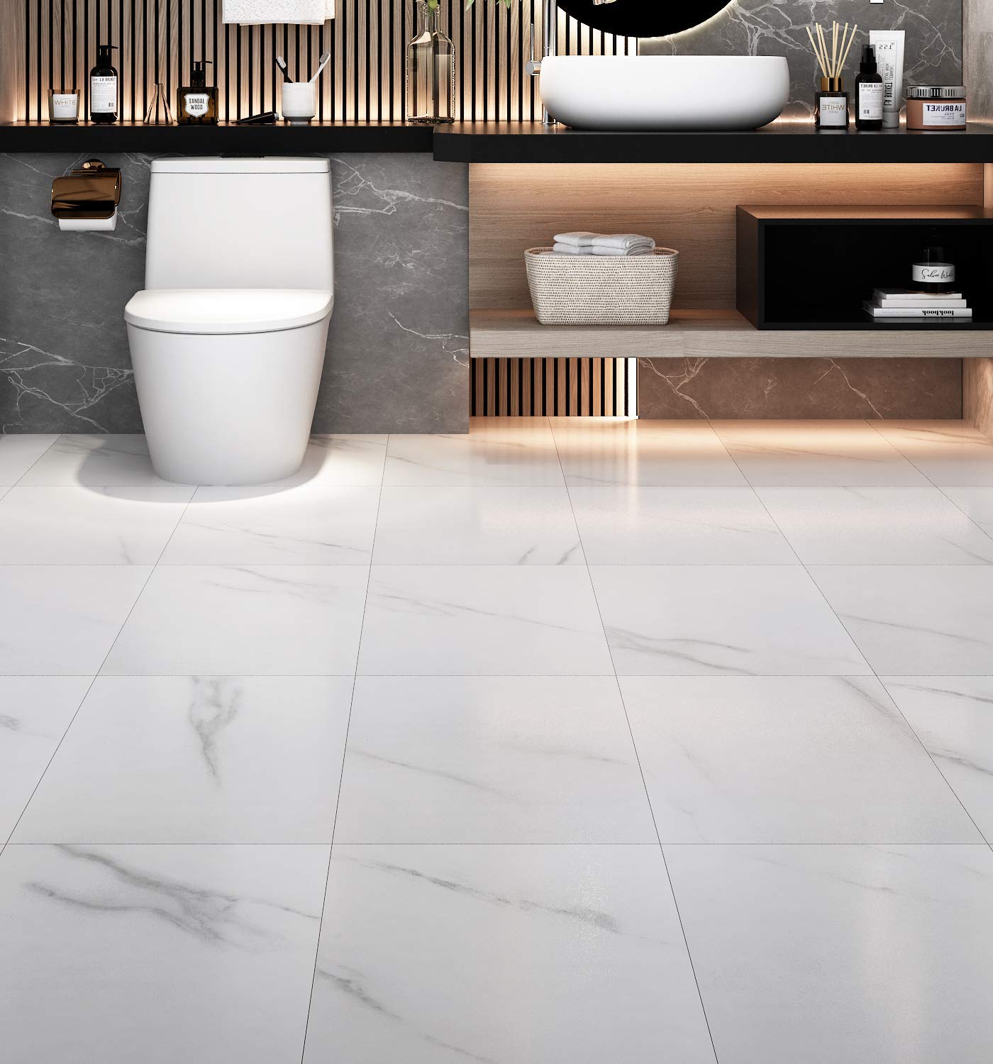 Phewnyzo  Livelynine Peel and Stick Floor Tile Stickers Waterproof Vinyl Flooring White Marble Vinyl Tiles for Kitchen Bedroom White Laminate