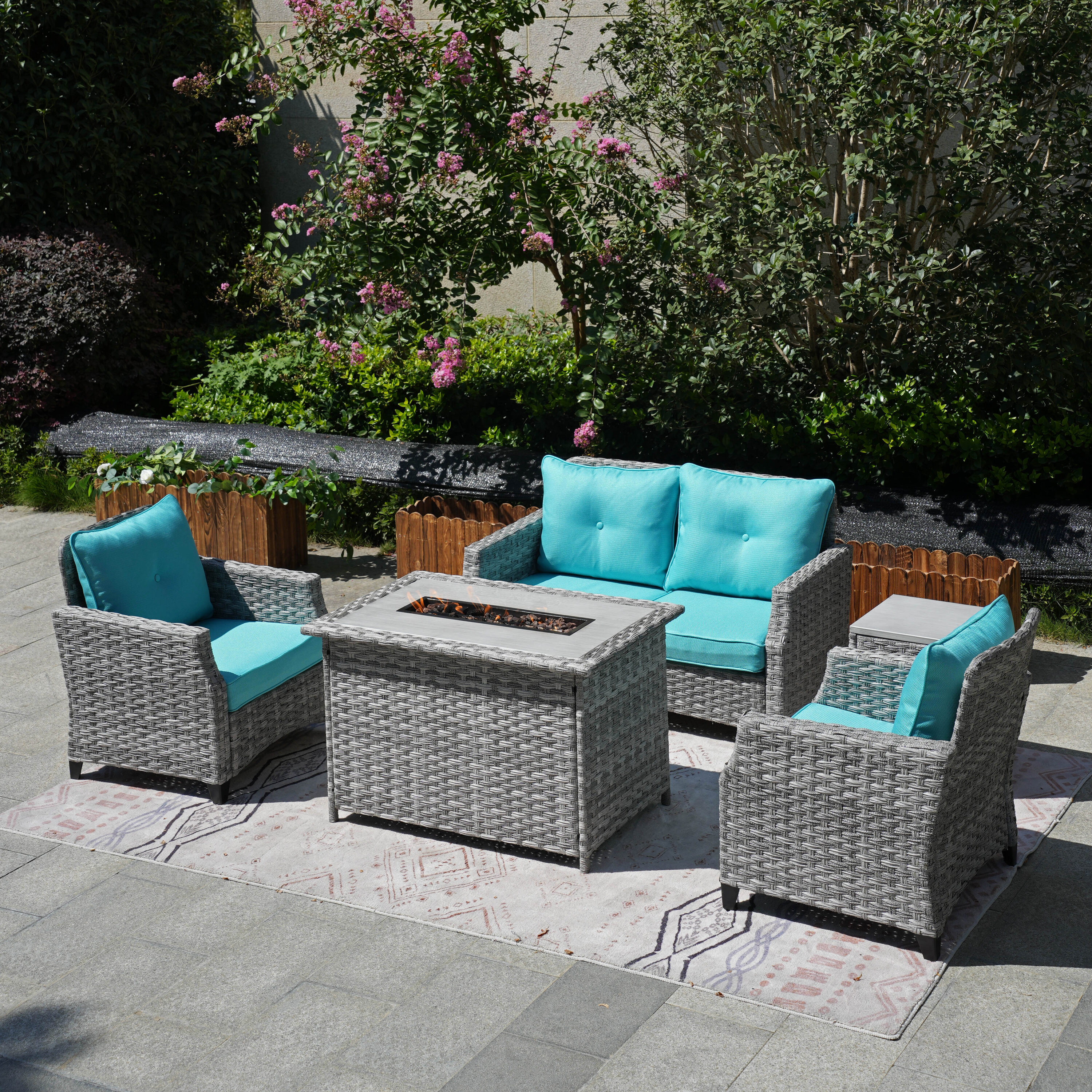 Moda Furnishings PAF-1801-H-CYAN 5 -Piece Wicker Patio Conversation Set with Blue Cushions