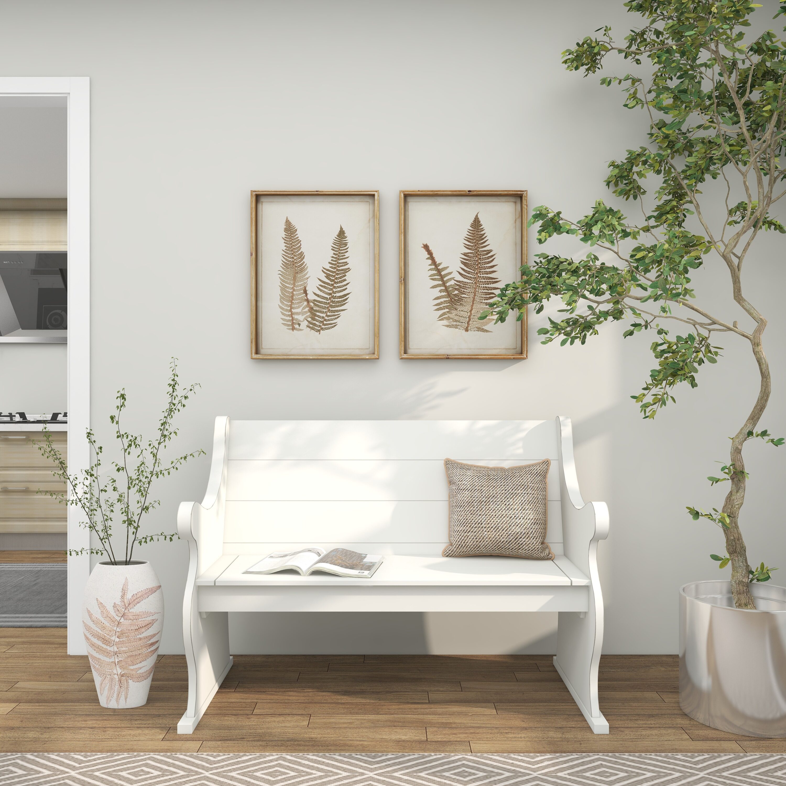 White and Beige Polystone Floor Vase with Leaf Design