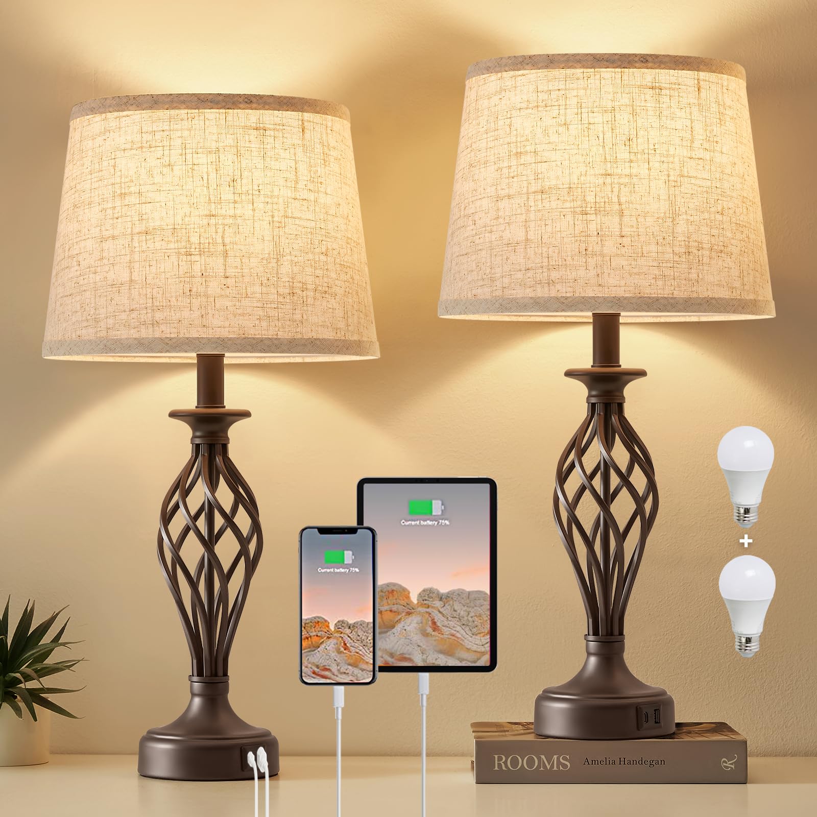 IJBUHV Table Lamp Set USB Ports Night Stand