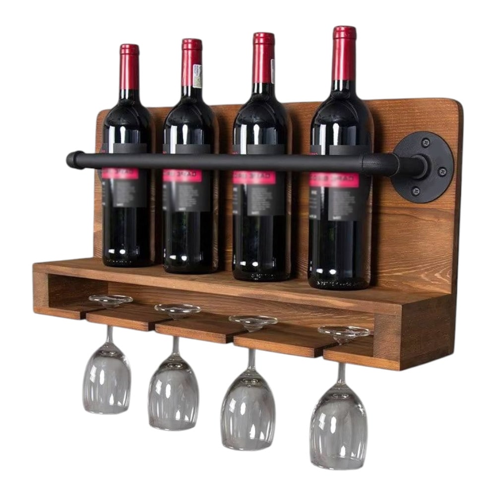 Slickblue 4-Bottle Brown Finish Solid Wood and Metal Wall Mounted Wine Rack with Glass Holder for Kitchen and Dining Room