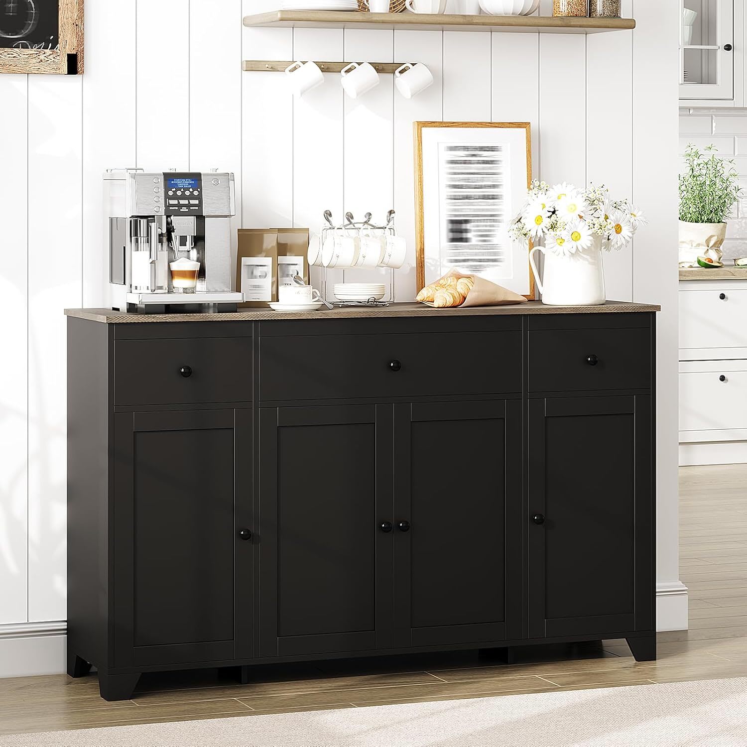 Qeetex GGL-PHK-345UQR90 55inch Buffet Cabinet with Drawers-Large Sideboard Buffet Storage Cabinet with Shelves and Doors-Minimalist Coffee Bar Station Wood Kitchen Table for Kitchen Dining Room-Black