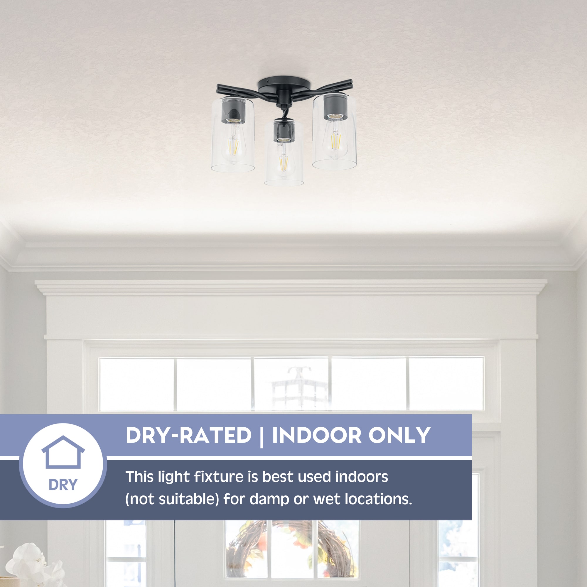 Matte Black 3-Light Semi-Flush Mount with Clear Glass Shades
