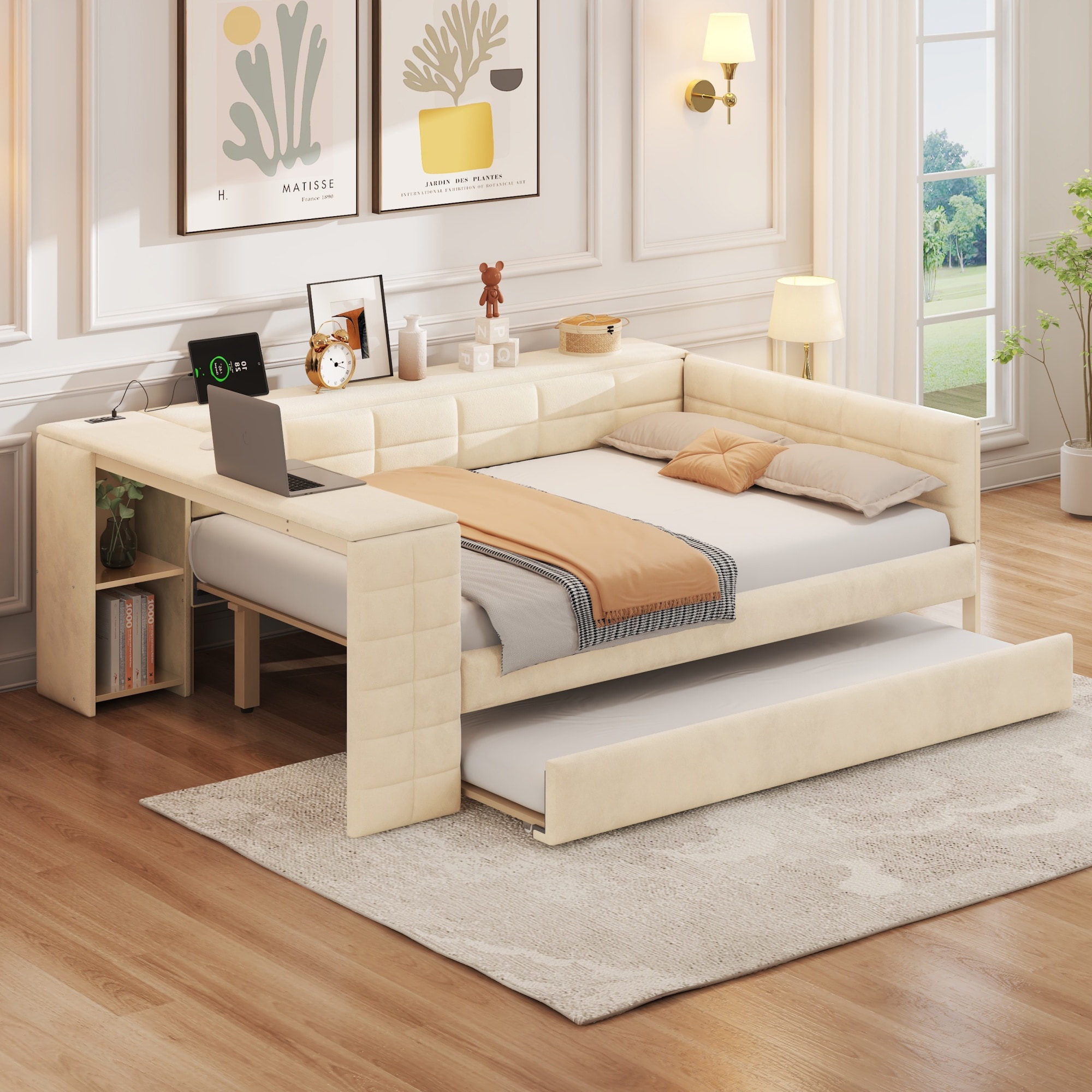 ModernLuxe L3P-N7090000604A Full Size Upholstered Platform Bed with Storage Shelves Desk Charging Station and Trundle Beige
