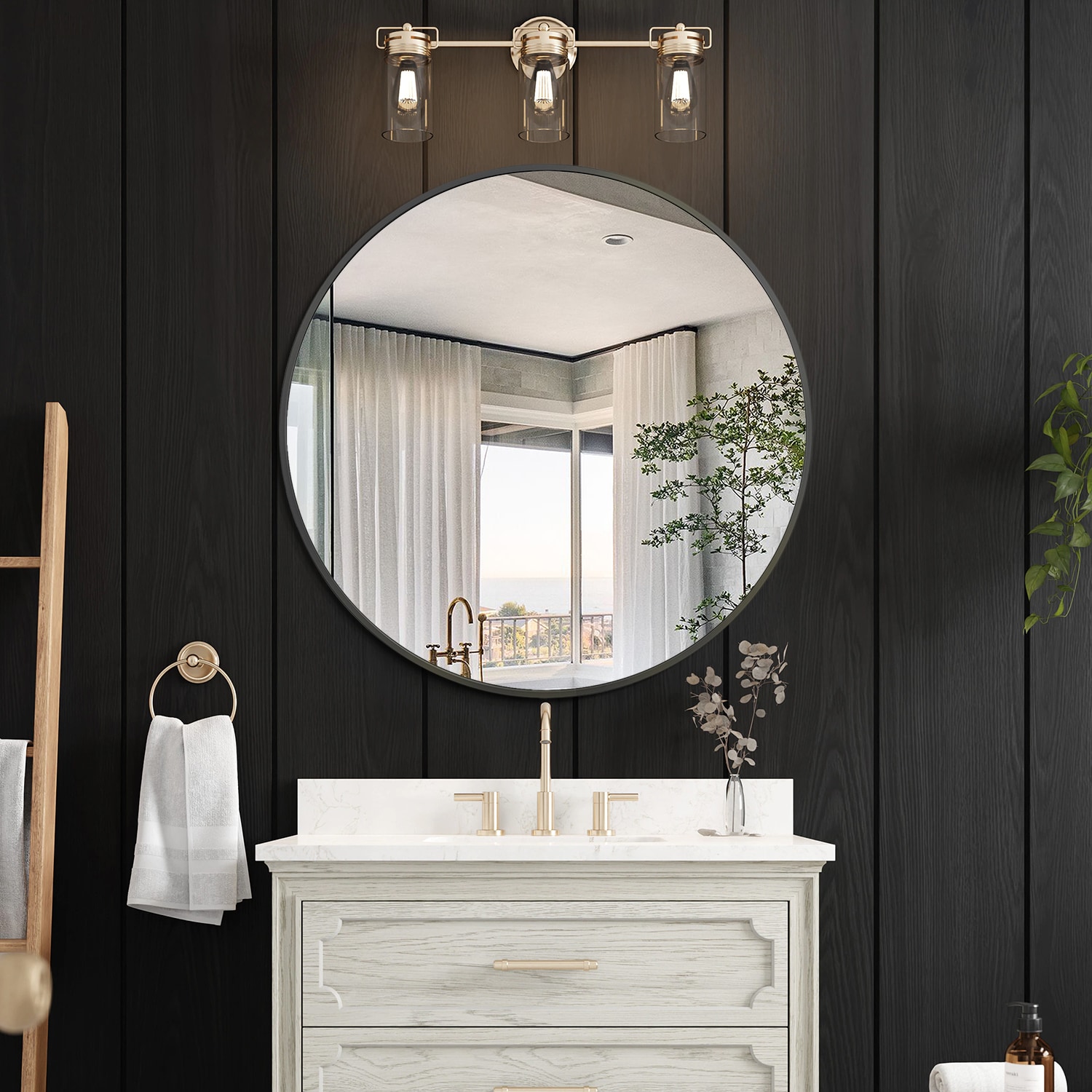 Style Selections Morriston 26-in x 28-in Brown Framed Bathroom Vanity Mirror