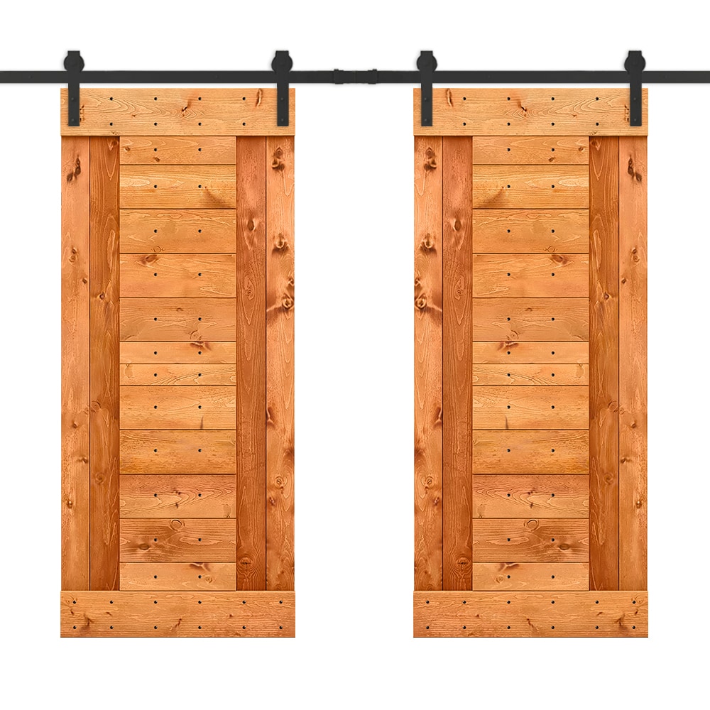 CALHOME MK-96(2+N3-38R(2+CN 76-in x 84-in Red Walnut Stained Pine Wood Solid core Double Barn Door (Hardware Included)