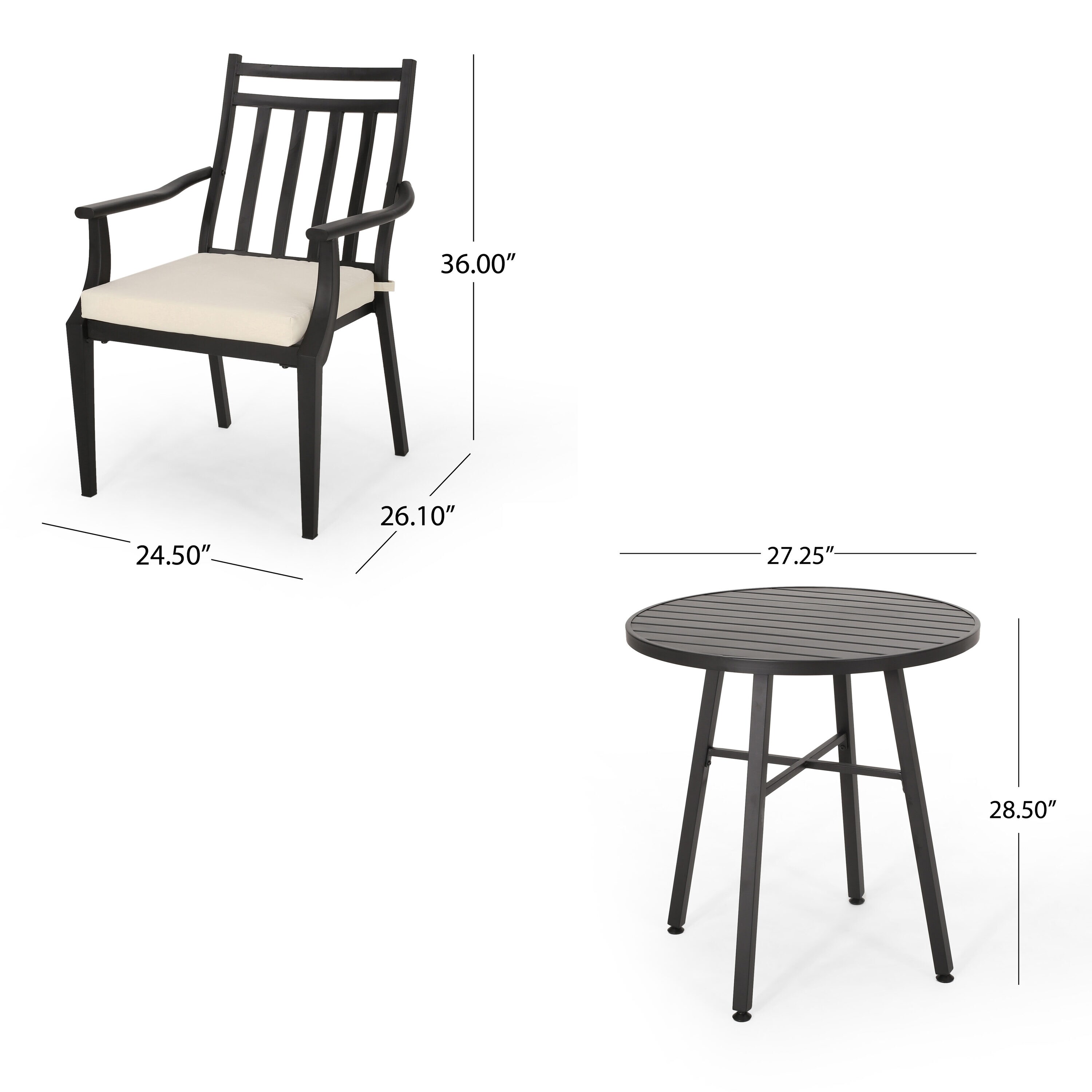 Matte Black and Beige Iron 3-Piece Outdoor Bistro Set with Cushions