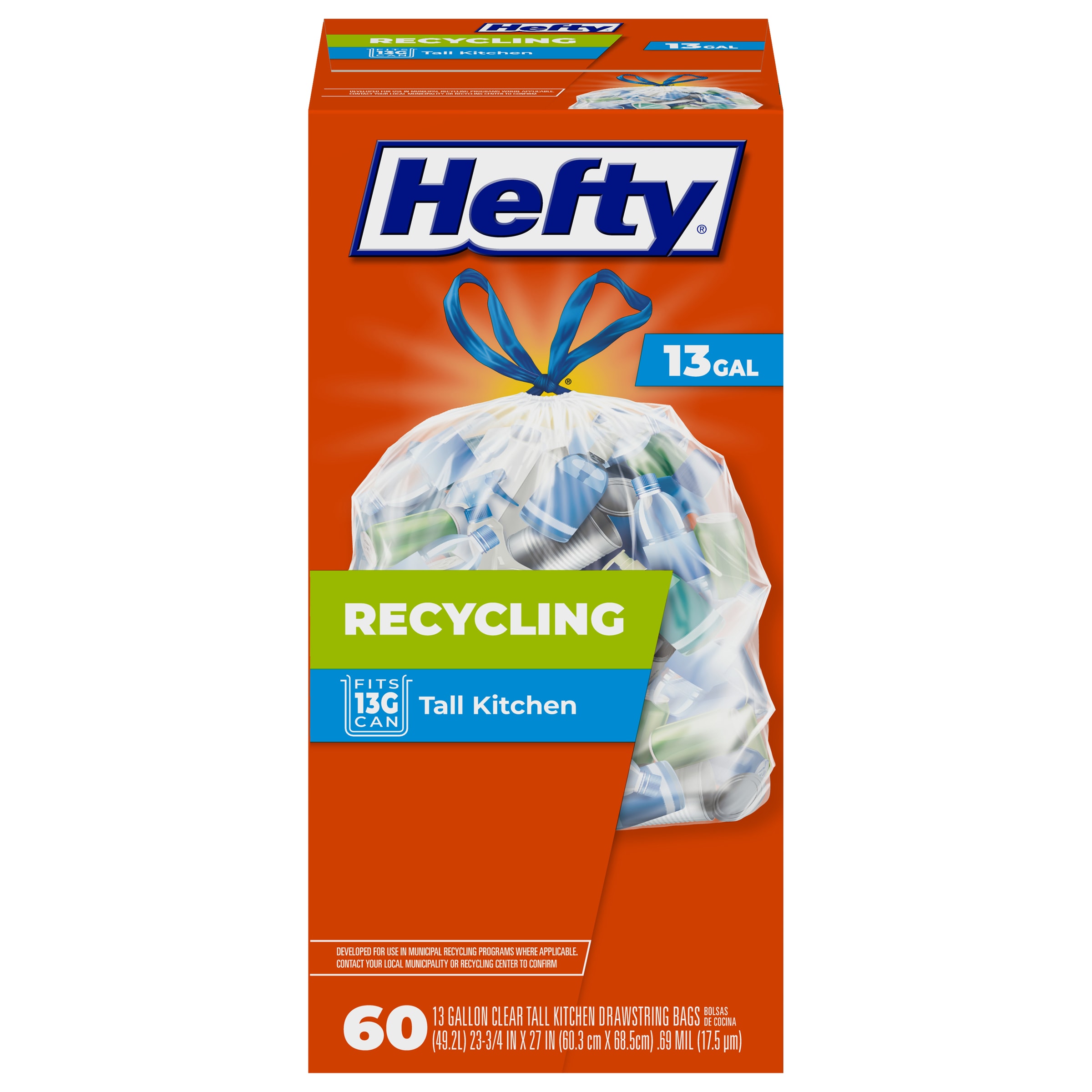 Hefty 13-Gallons Clear Plastic Recycling Drawstring Trash Bag (60-Count ...