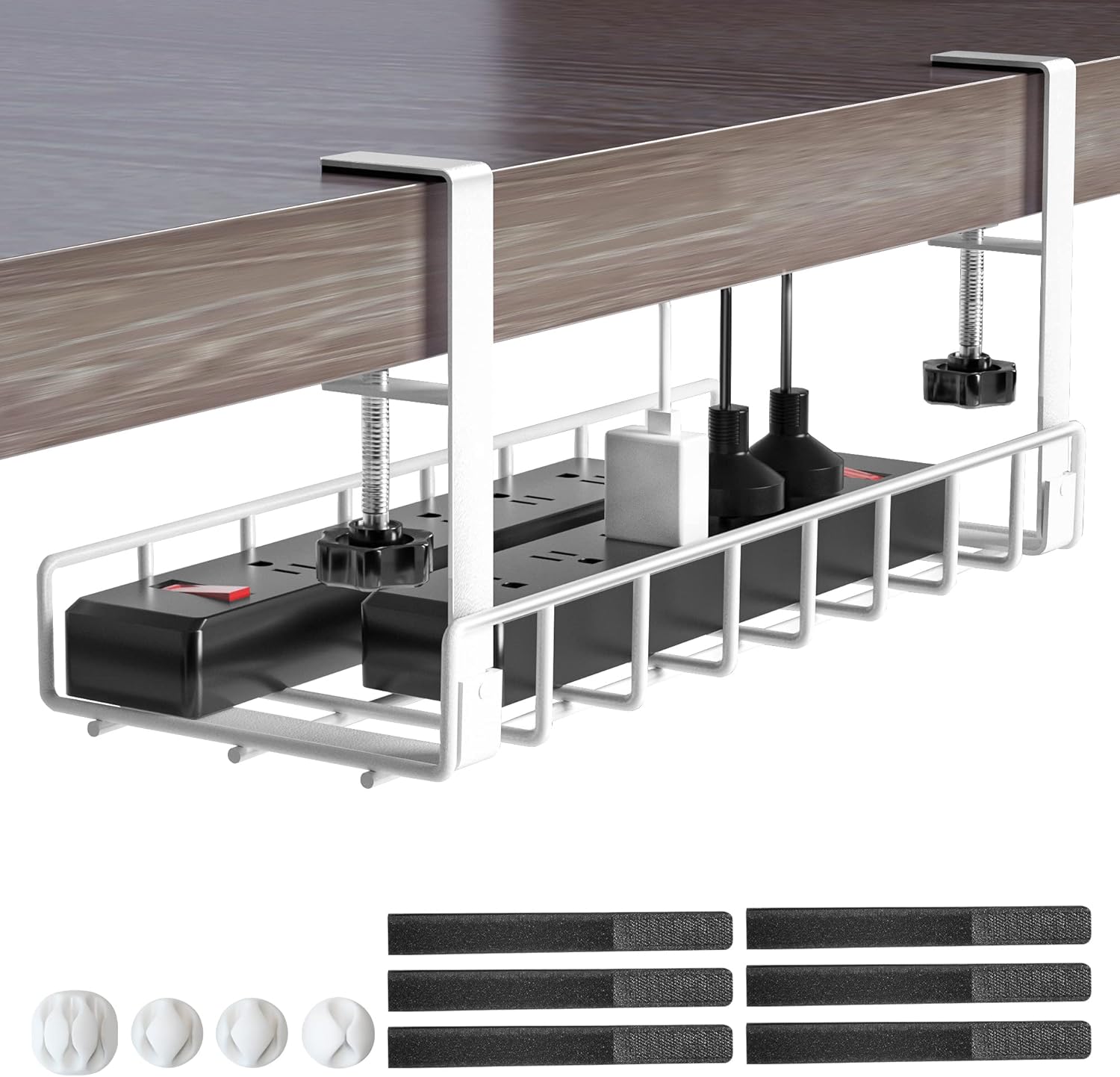 Etokfoks  Under Desk Cable Management Tray No Drill No Screws Wire Organizer with Clamp for Office Home White