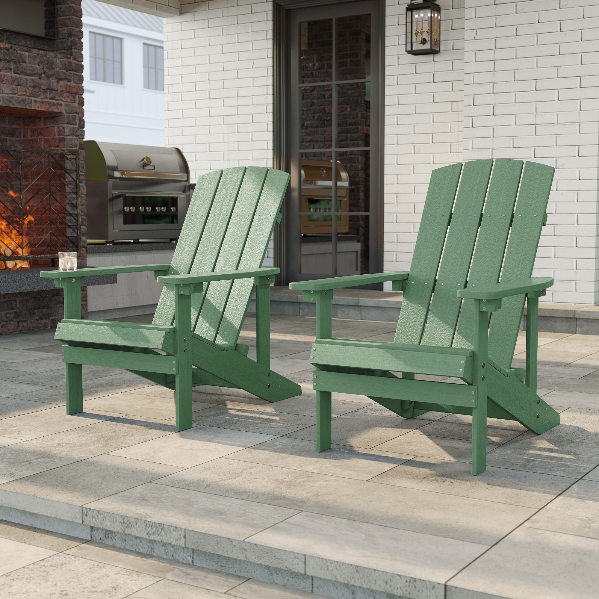 Sonkuki SD-AD-B10DG-2 Adirondack Chair Set of 2 Dark Green Plastic Frame Stationary Adirondack Chair with Green Slat Seat