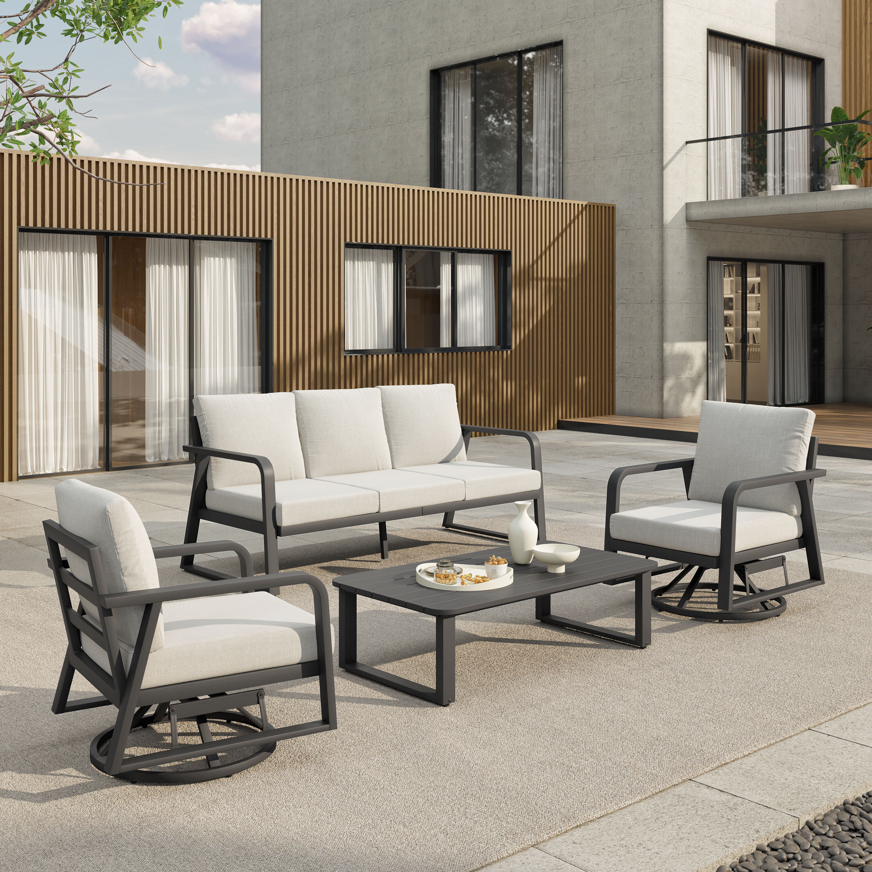 SUGOLD FR-4PCSET-2SWIVEL 4 -Piece Patio Sofa Conversation Set with Gray Cushions