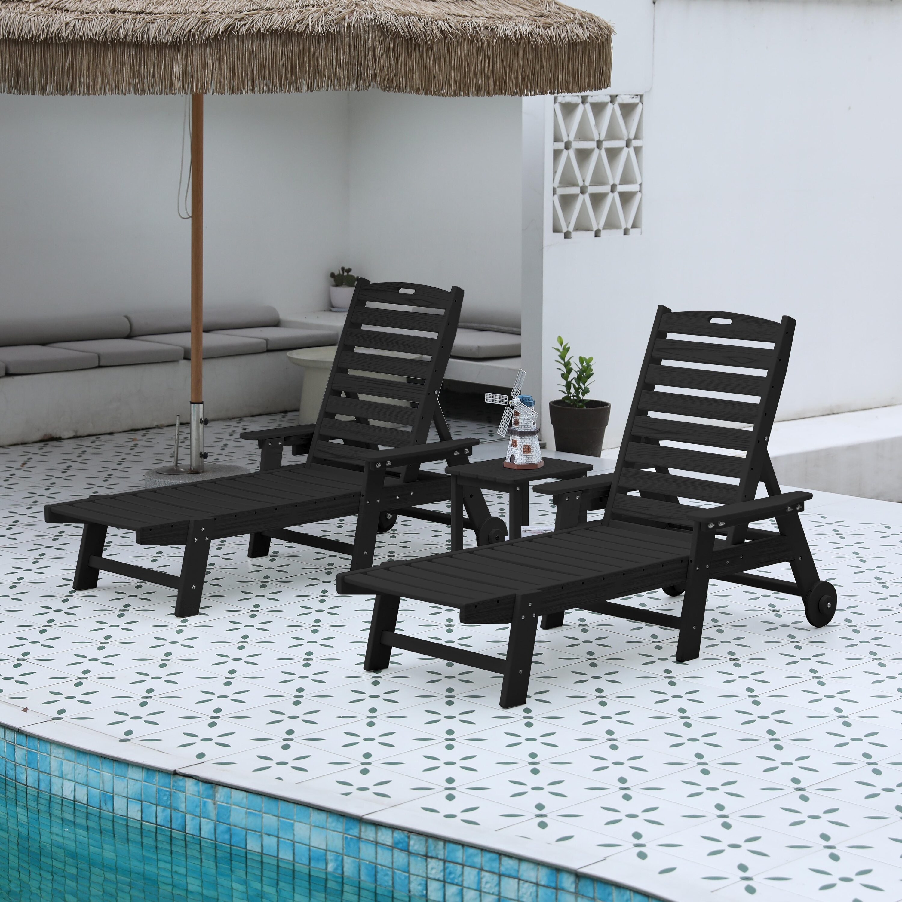 AHIOU HOME ZAAHG-P254673AC Noah Set of 2 Black HDPE Frame Stationary Chaise Lounge Chair with Slat Seat