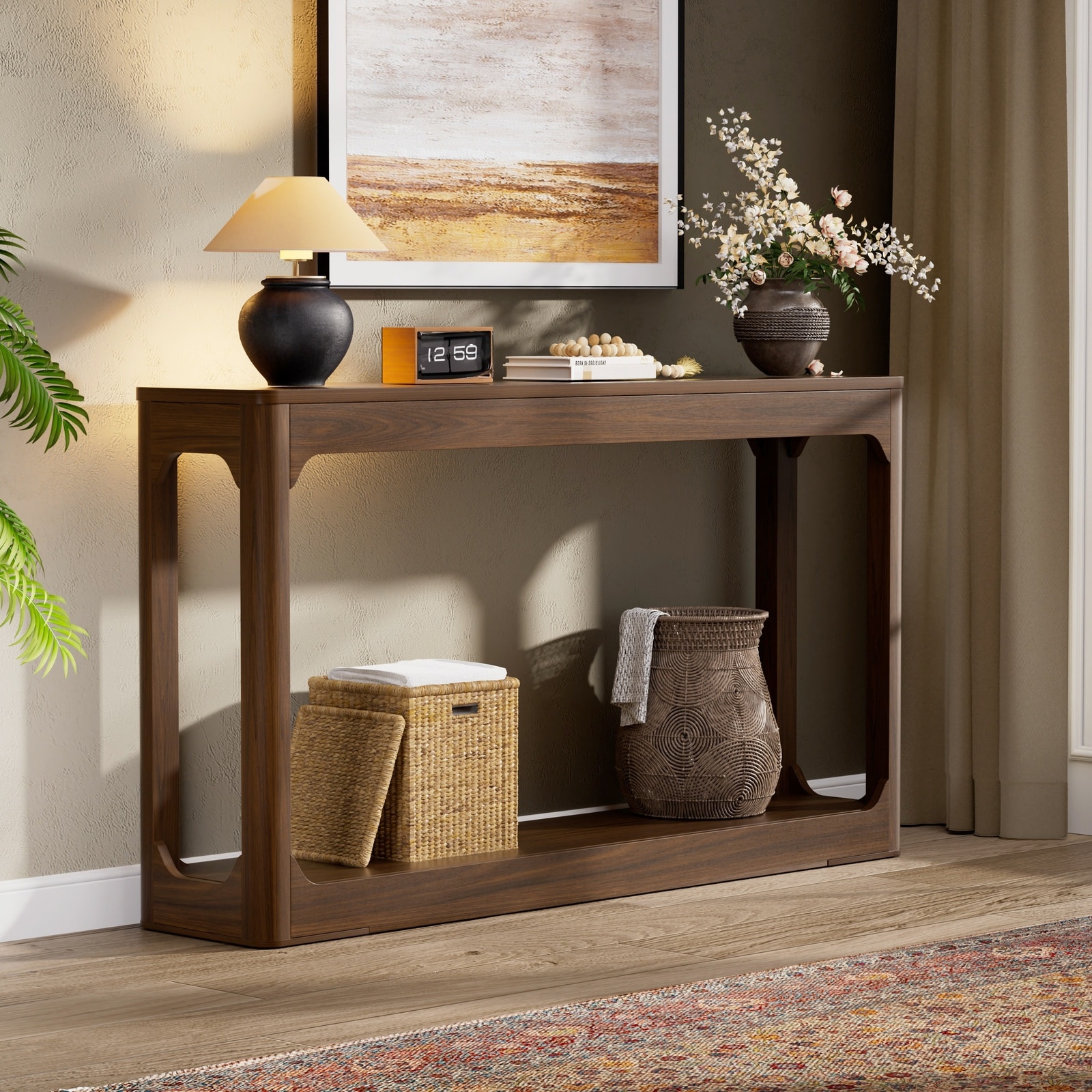 Horizons Prime 55 inch Walnut Wood Console Table with Curved Legs and Open Shelf Storage