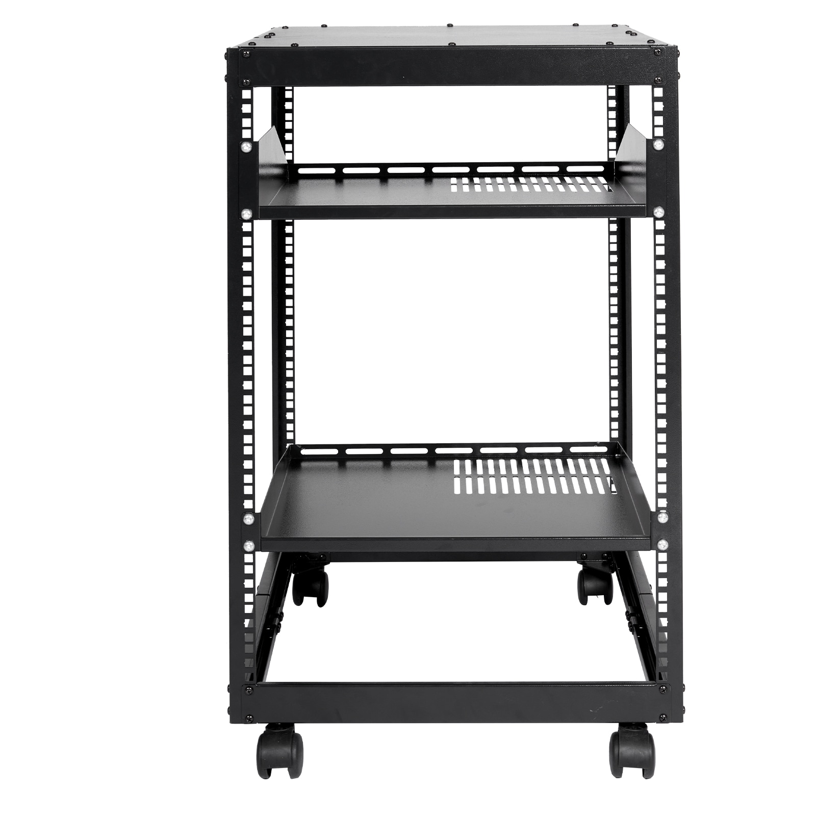 GIVIMO 15U Open Frame Server Rack with 23 to 40-in Adjustable Depth and 4-Post Network Rack featuring Casters 500-lb Free-Stand and 150-lb Wall-Mount for AV IT
