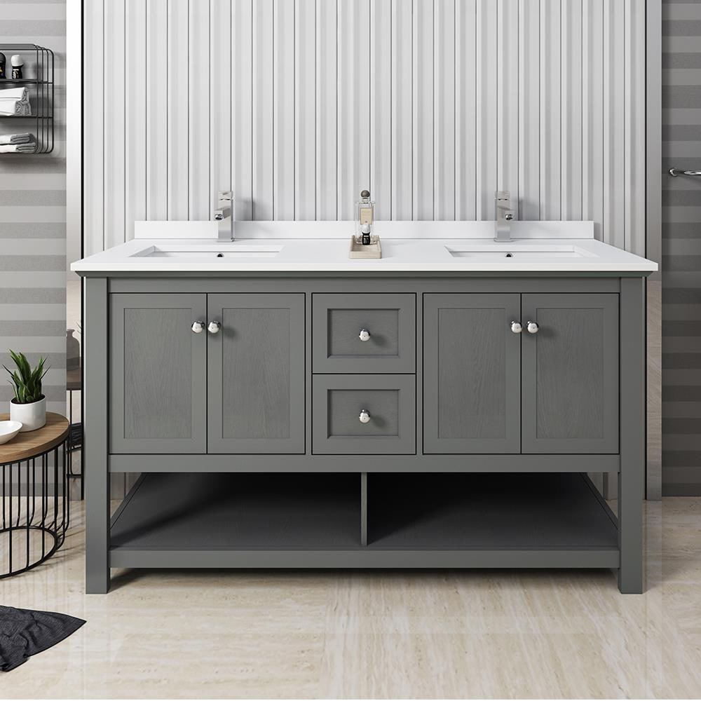 Fresca FCB2360VG-D-CWH-U Manchester 60-in Gray Wood Veneer Undermount Double sink Bathroom Vanity with White Quartz Top
