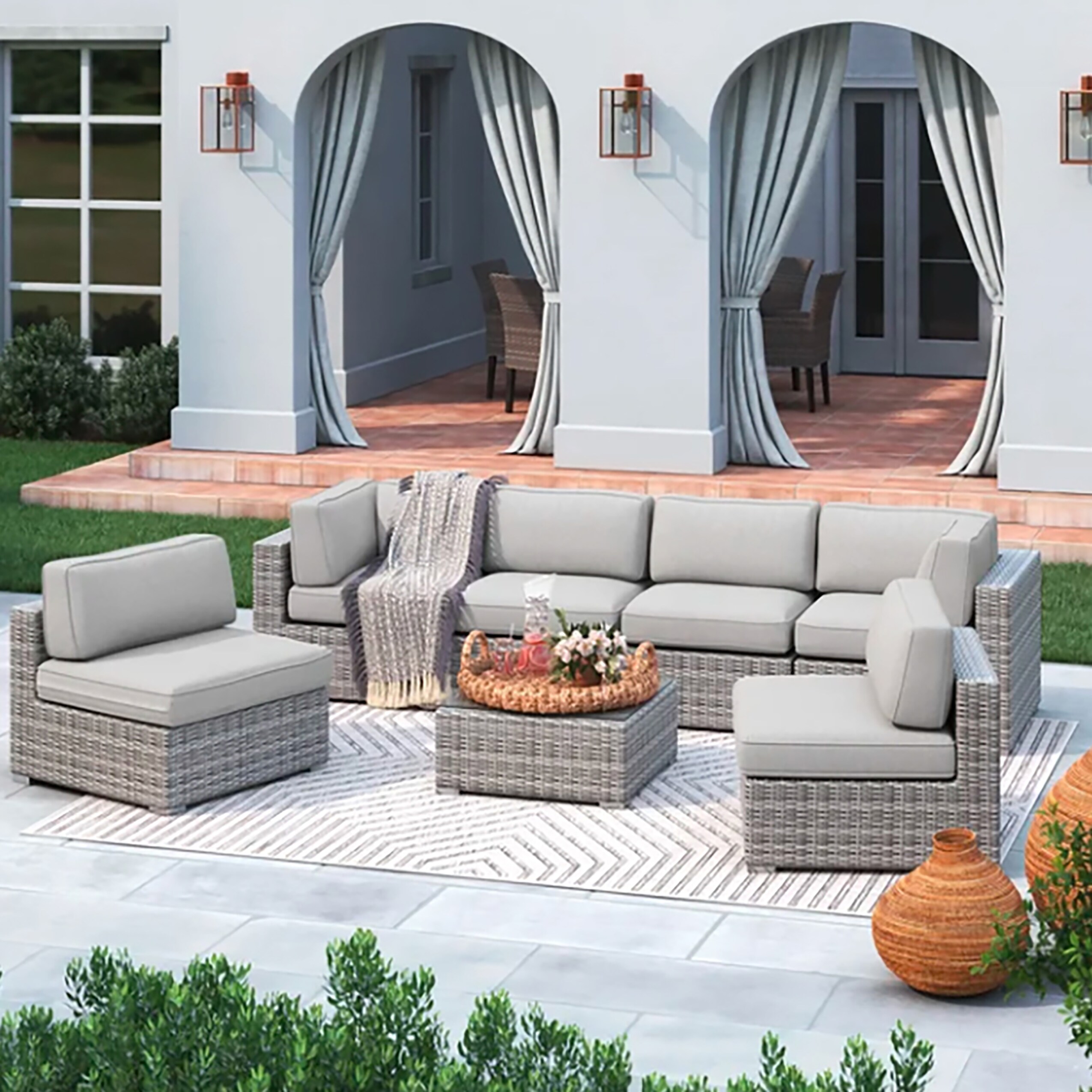 Living Source International CM-6311 7-Piece Wicker Patio Conversation Set with Gray Cushions