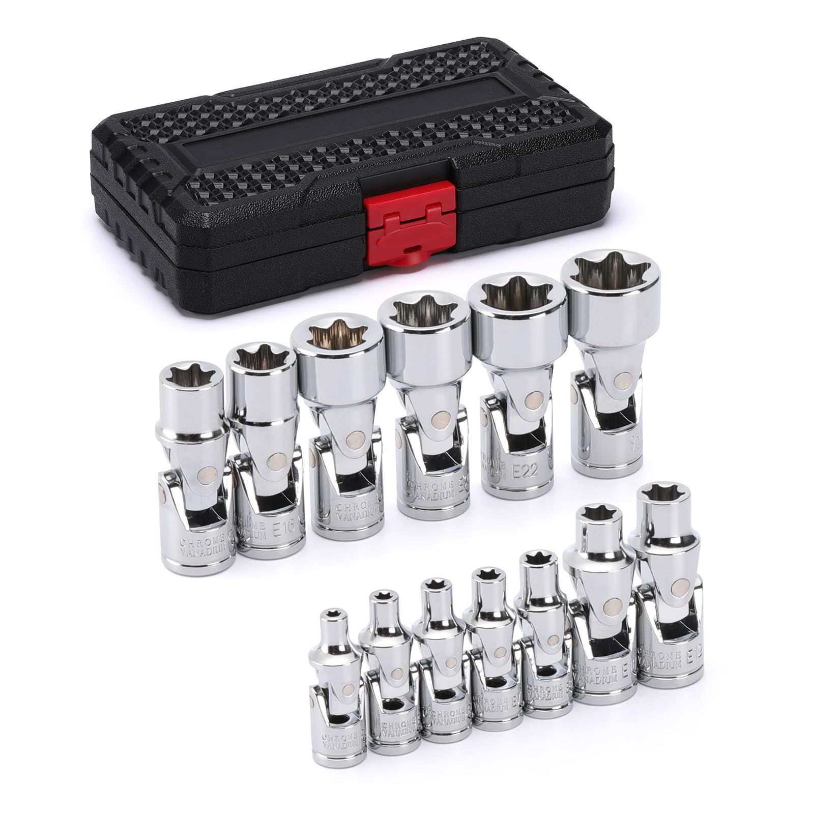 Misopily  13 Piece Universal Joint Star Socket Set CRV Steel Flexible Design High Contrast Markings Includes E4 to E24 Sizes with Storage Case