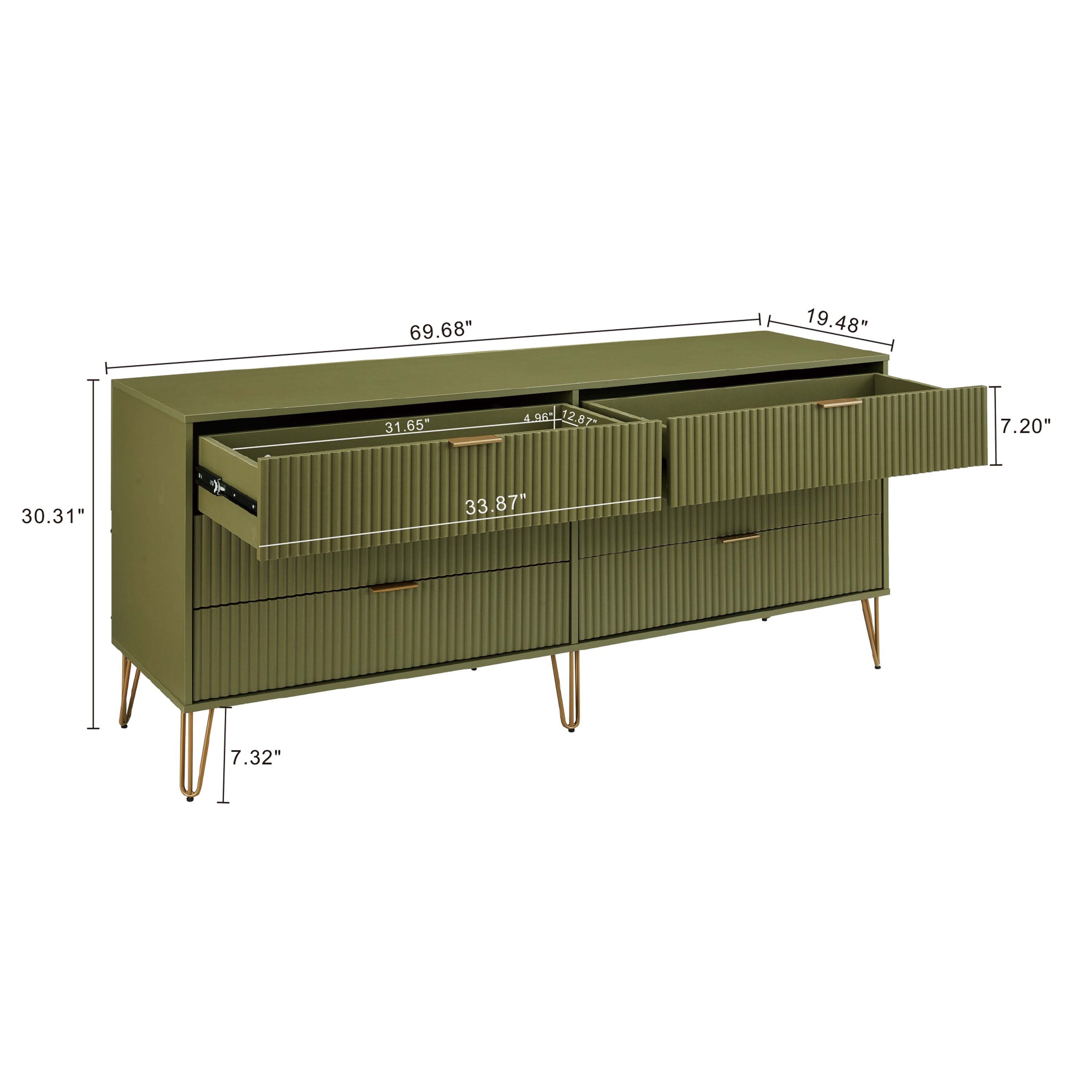 Olive Green Vertical Ribbed 6-Drawer Double Dresser with Soft Close