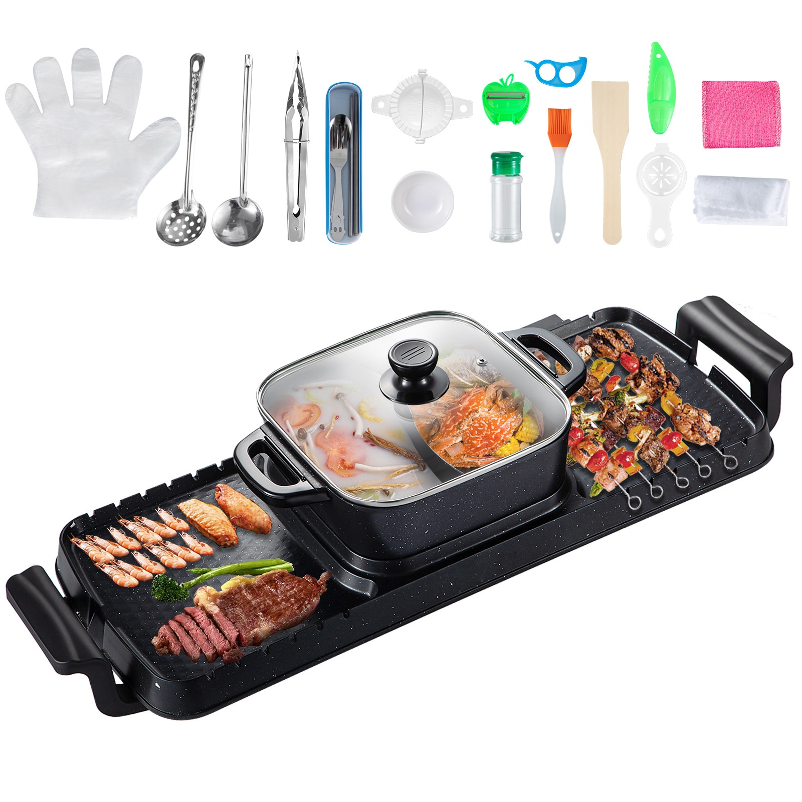 VEVOR SCFTSJ2200W107344V1 2 in 1 Electric Grill and Hot Pot  2400W BBQ Pan Grill and Hot Pot  Multifunctional Teppanyaki Grill Pot with Dual Temp Control  Smokeless Hot Pot Grill with Nonstick Coating for 1 8 People