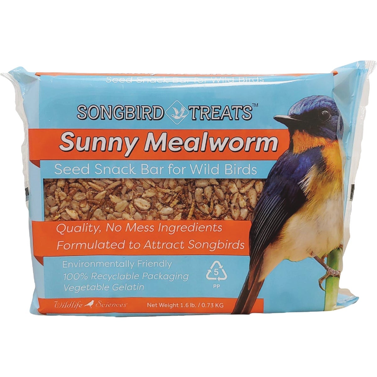 Wildlife Sciences Delicious Songbird Treats Seed Bars - 8 Pack of 1.6 lb Bird Seed Cakes for Wild Birds (Sunny Mealworm)
